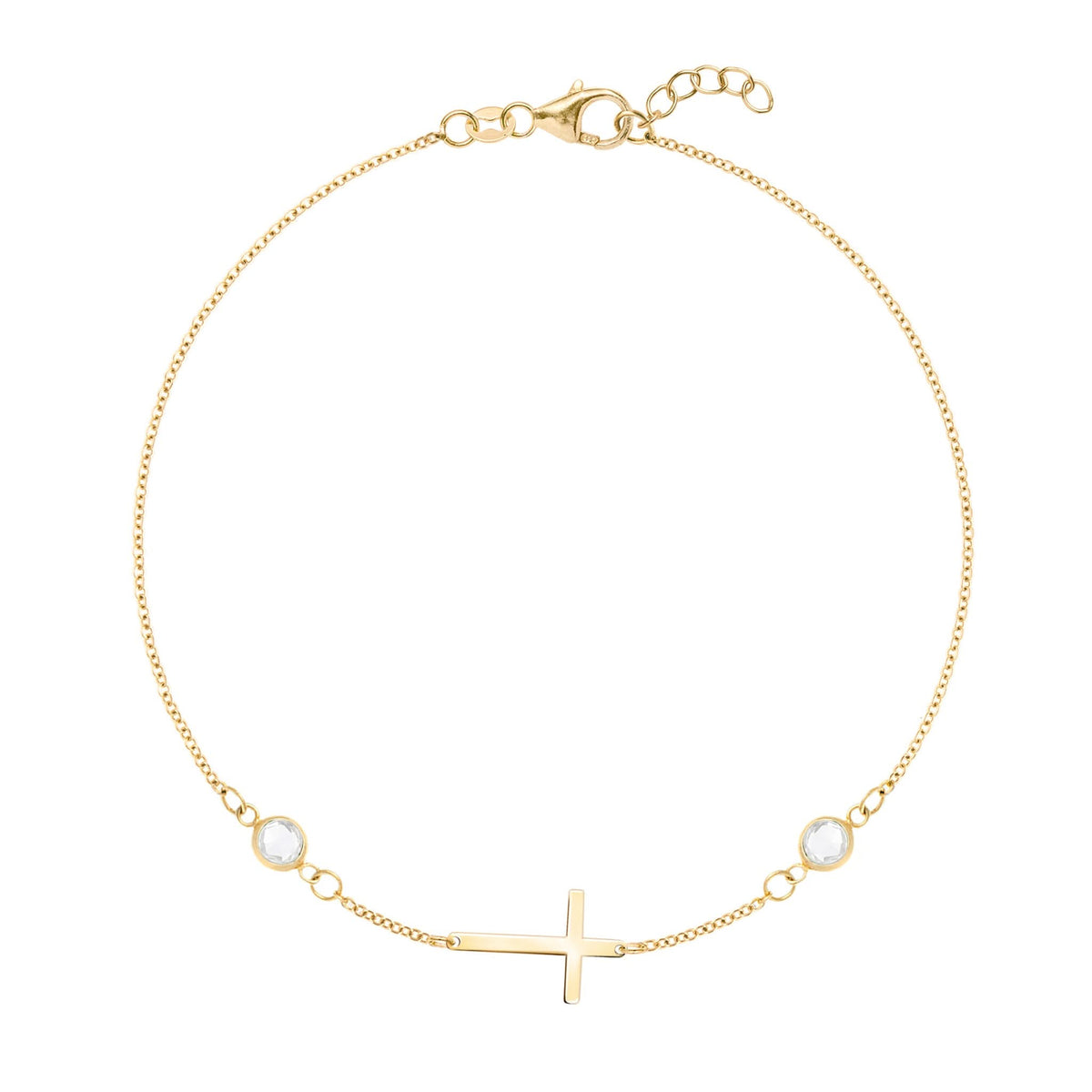 14k yellow gold Classic bracelet featuring two birthstones and a 1/2" cutout cross - front view