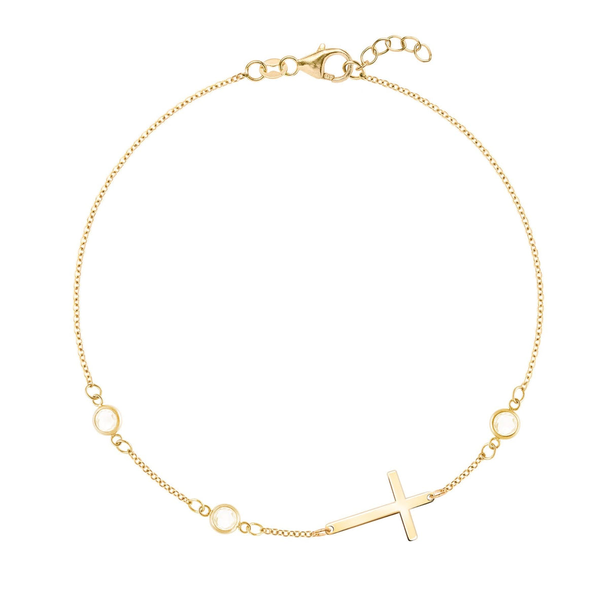 14k yellow gold Classic cable chain bracelet featuring three birthstones and a 1/2" cutout cross - front view