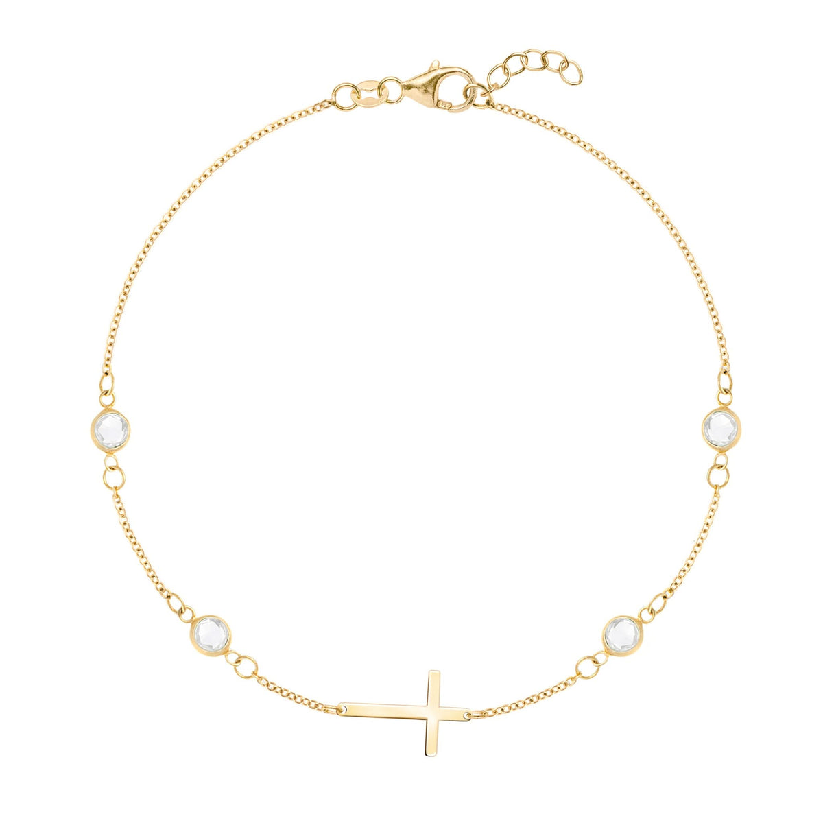 14k yellow gold Classic cable chain bracelet featuring four birthstones and a 1/2" cutout cross - front view