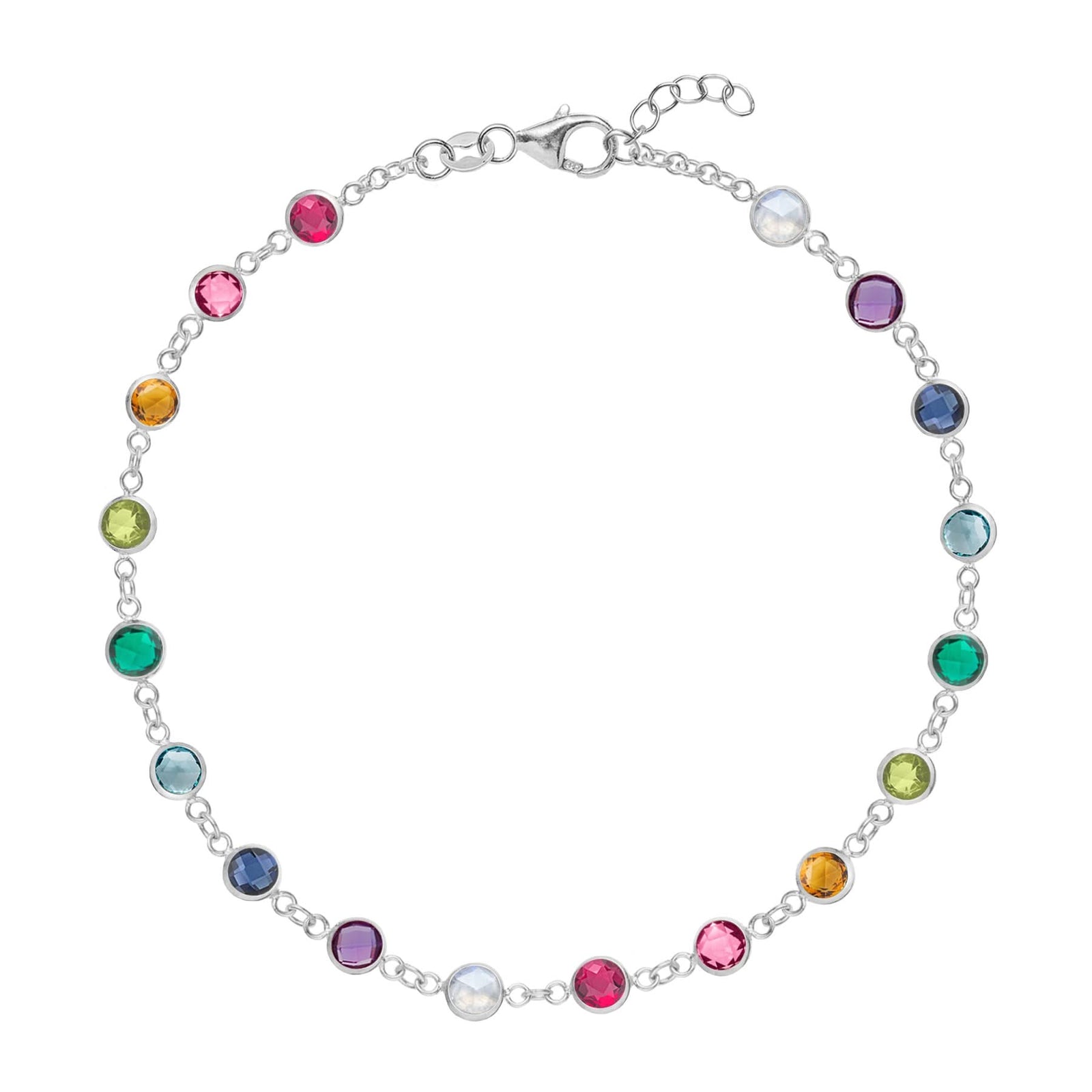Newport 14k white gold bracelet featuring eighteen 4 mm briolette cut bezel set rainbow hued gemstones