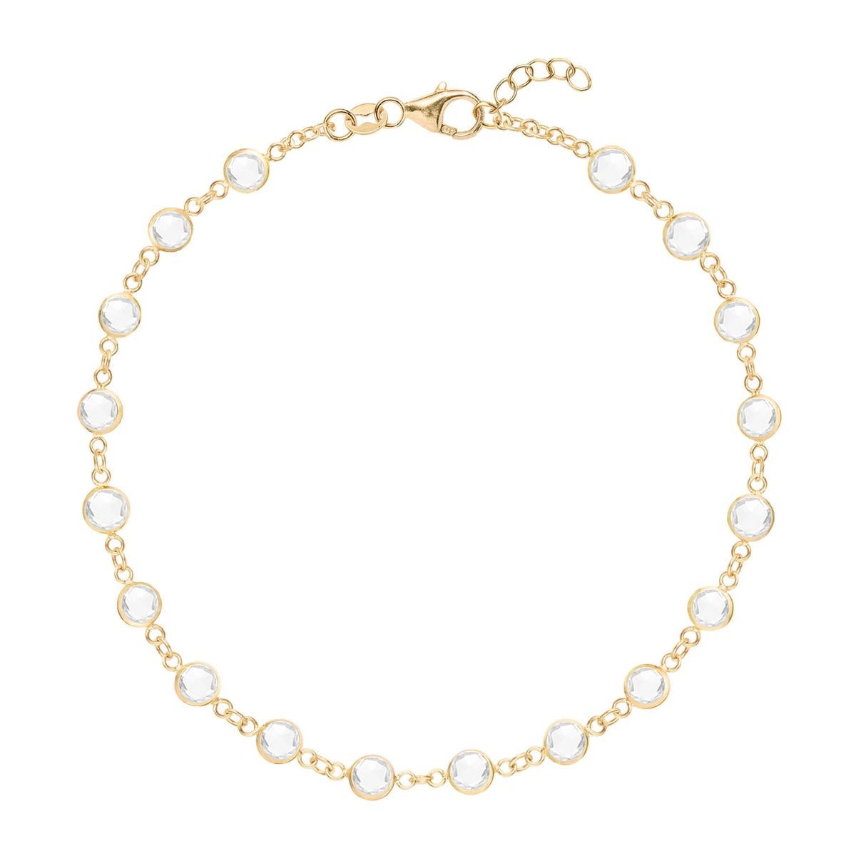 Newport 14k yellow gold bracelet featuring eighteen 4 mm briolette cut bezel set white topaz - front view