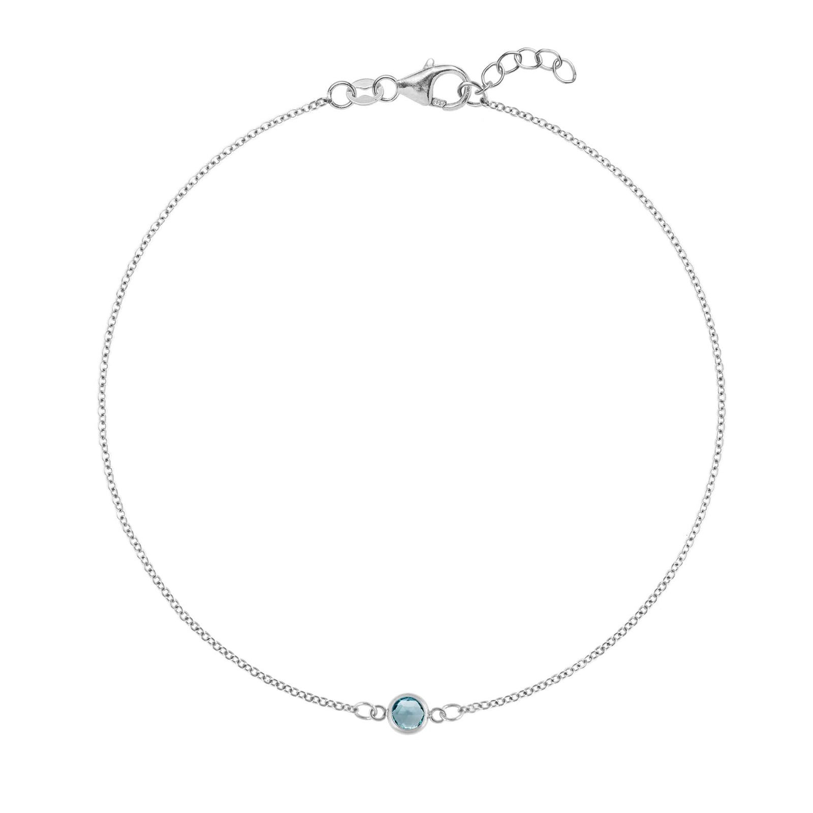 Classic cable chain bracelet featuring one 4 mm briolette cut Nantucket blue topaz bezel set in 14k white gold
