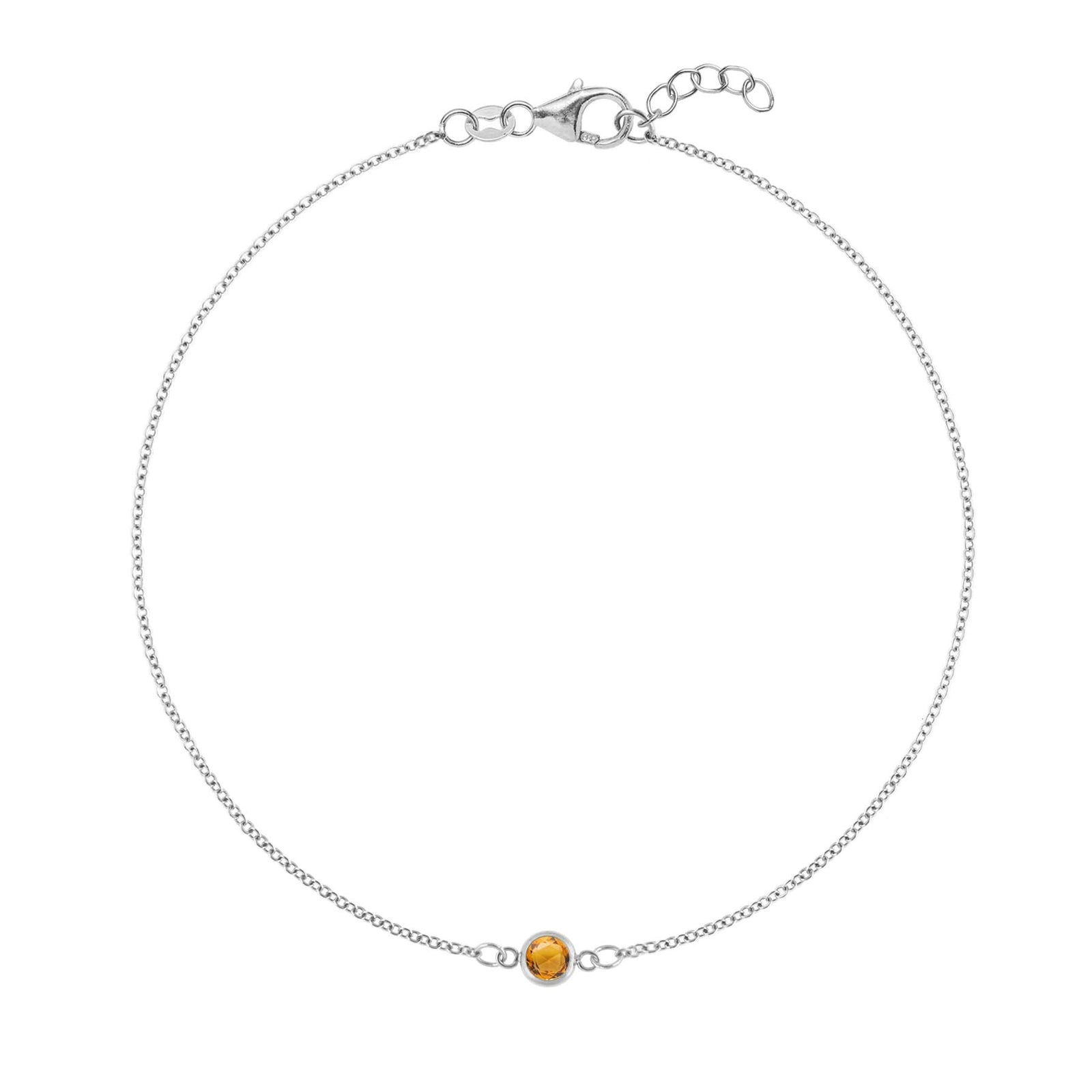 Classic cable chain bracelet featuring one 4 mm briolette cut citrine bezel set in 14k white gold