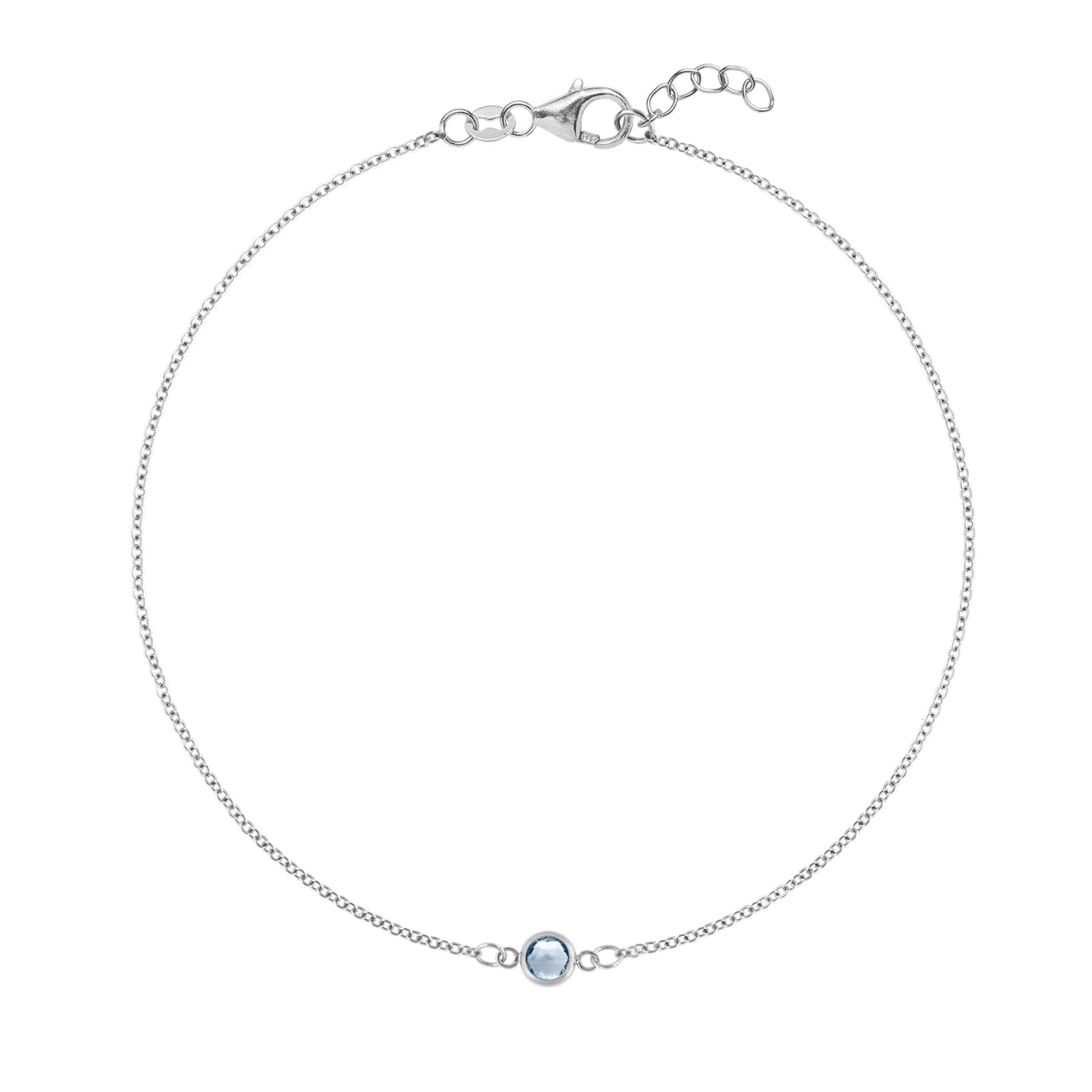Classic cable chain bracelet featuring one 4 mm briolette cut aquamarine bezel set in 14k white gold