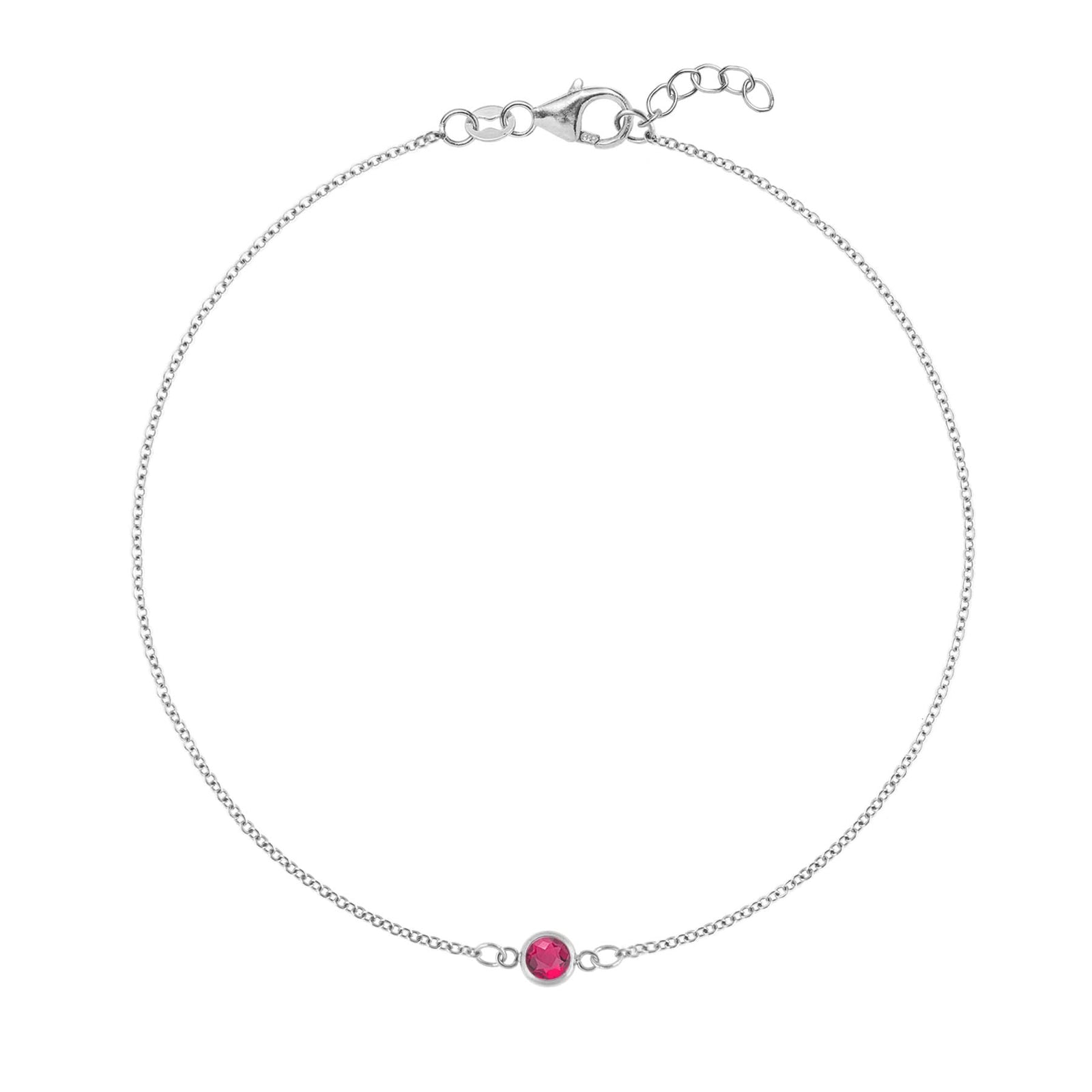Classic cable chain bracelet featuring one 4 mm briolette cut ruby bezel set in 14k white gold