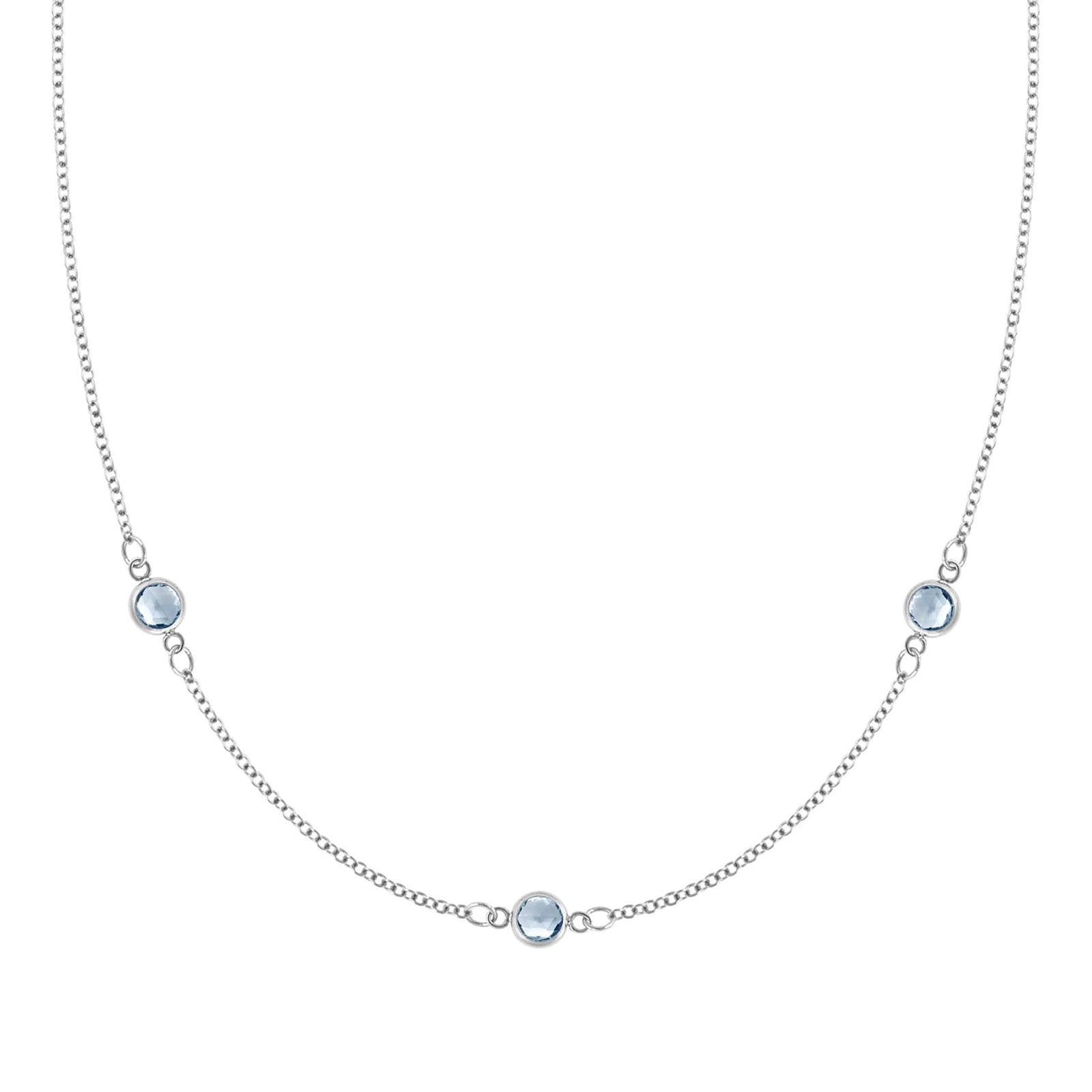 Bayberry 1.17 mm cable chain birthstone necklace featuring three 4 mm briolette aquamarines bezel set in 14k white gold