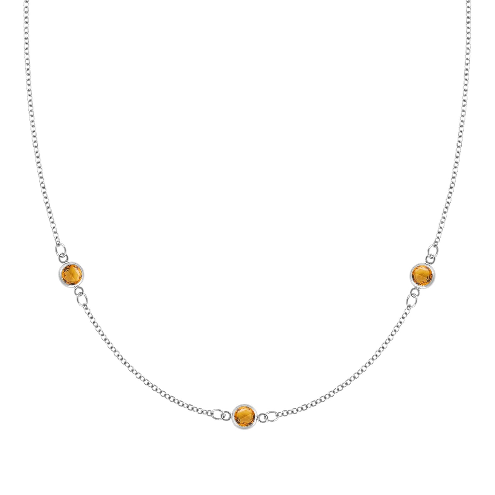 Bayberry 1.17 mm cable chain birthstone necklace featuring three 4 mm briolette citrines bezel set in 14k white gold