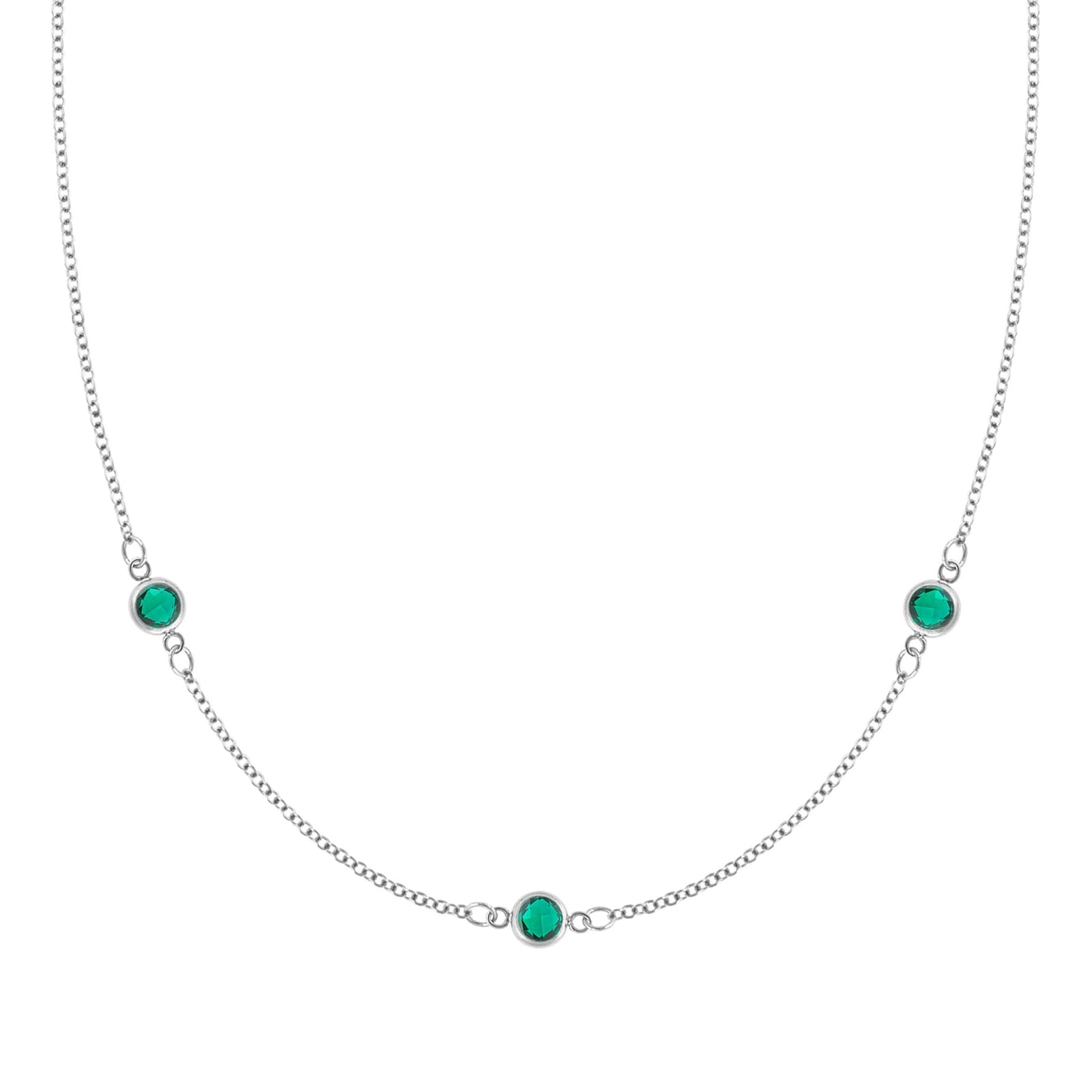 Bayberry 1.17 mm cable chain birthstone necklace featuring three 4 mm briolette emeralds bezel set in 14k white gold