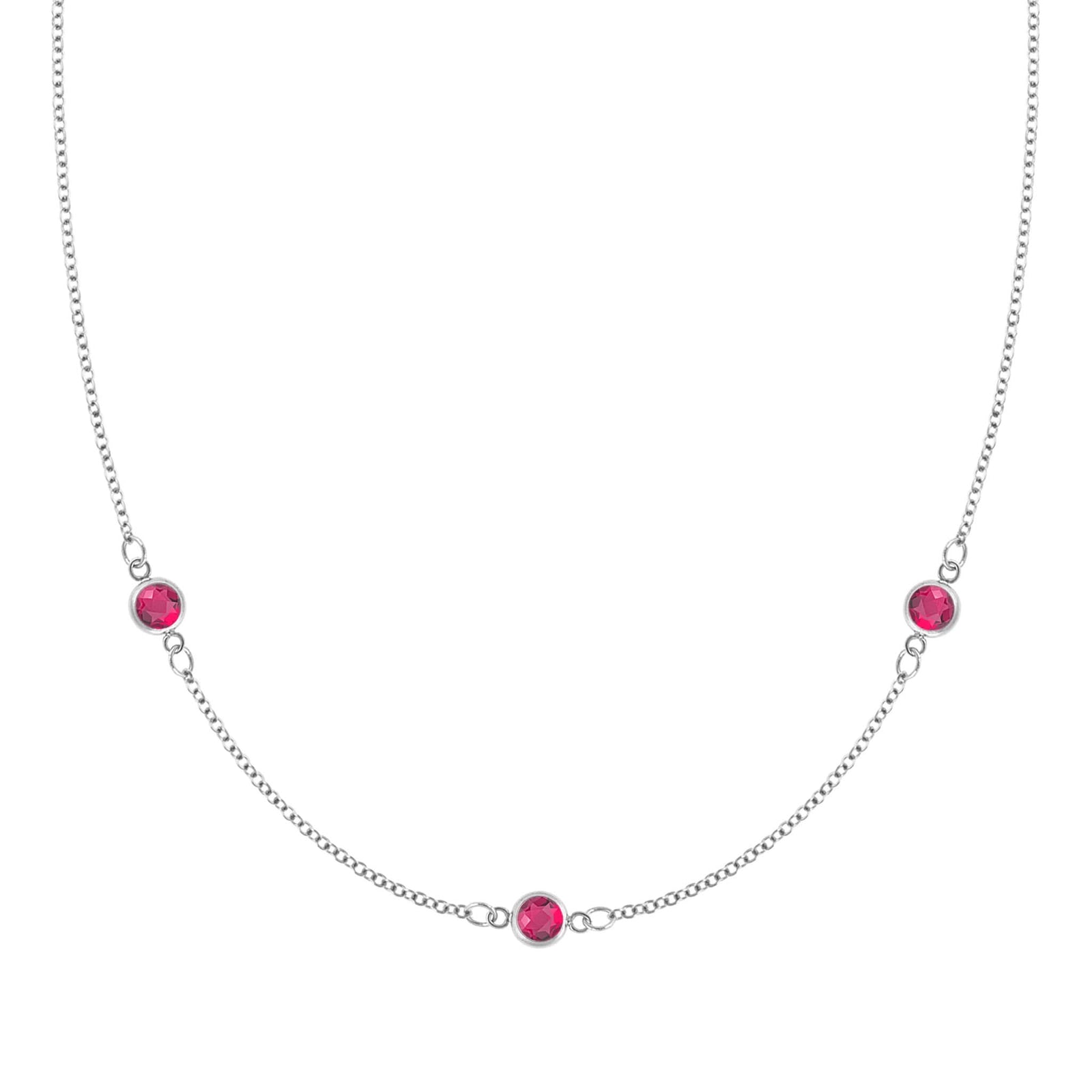 Bayberry 1.17 mm cable chain birthstone necklace featuring three 4 mm briolette rubies bezel set in 14k white gold