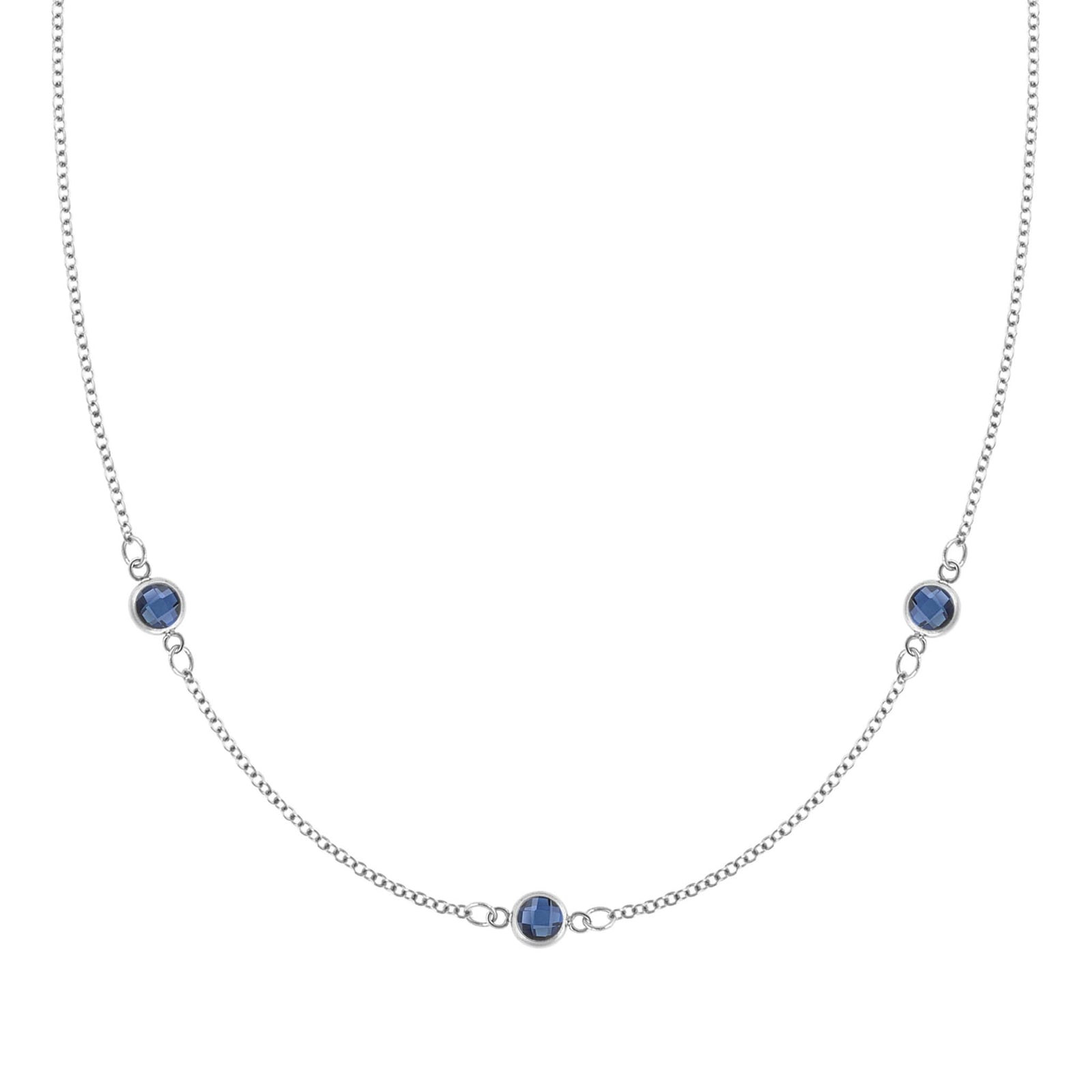 Bayberry 1.17 mm cable chain birthstone necklace featuring three 4 mm briolette sapphires bezel set in 14k white gold