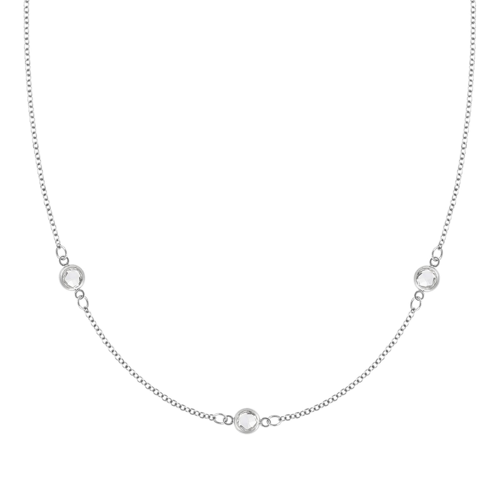 Bayberry cable chain birthstone necklace featuring three 4 mm briolette white topaz bezel set in 14k white gold