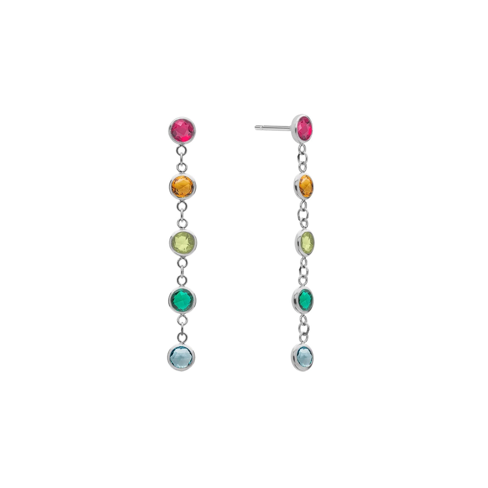 Pair of Newport earrings each featuring 5 alternating rainbow hued 4 mm gemstones set in 14k white gold