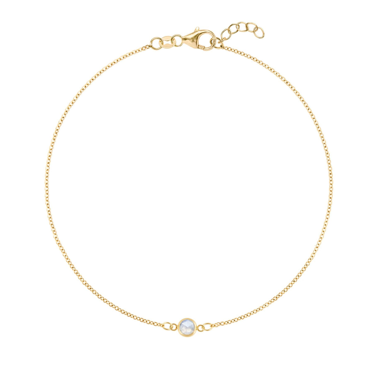 Classic cable chain bracelet featuring one 4 mm briolette cut moonstone bezel set in 14k yellow gold - front view