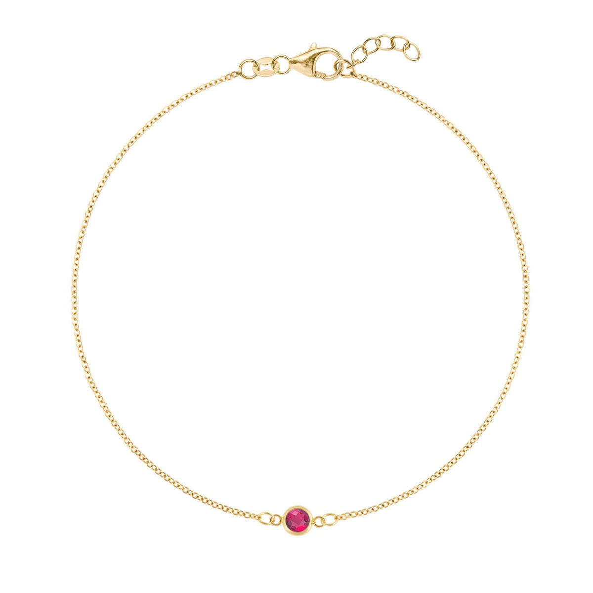 Classic cable chain bracelet featuring one 4 mm briolette cut ruby bezel set in 14k yellow gold - front view