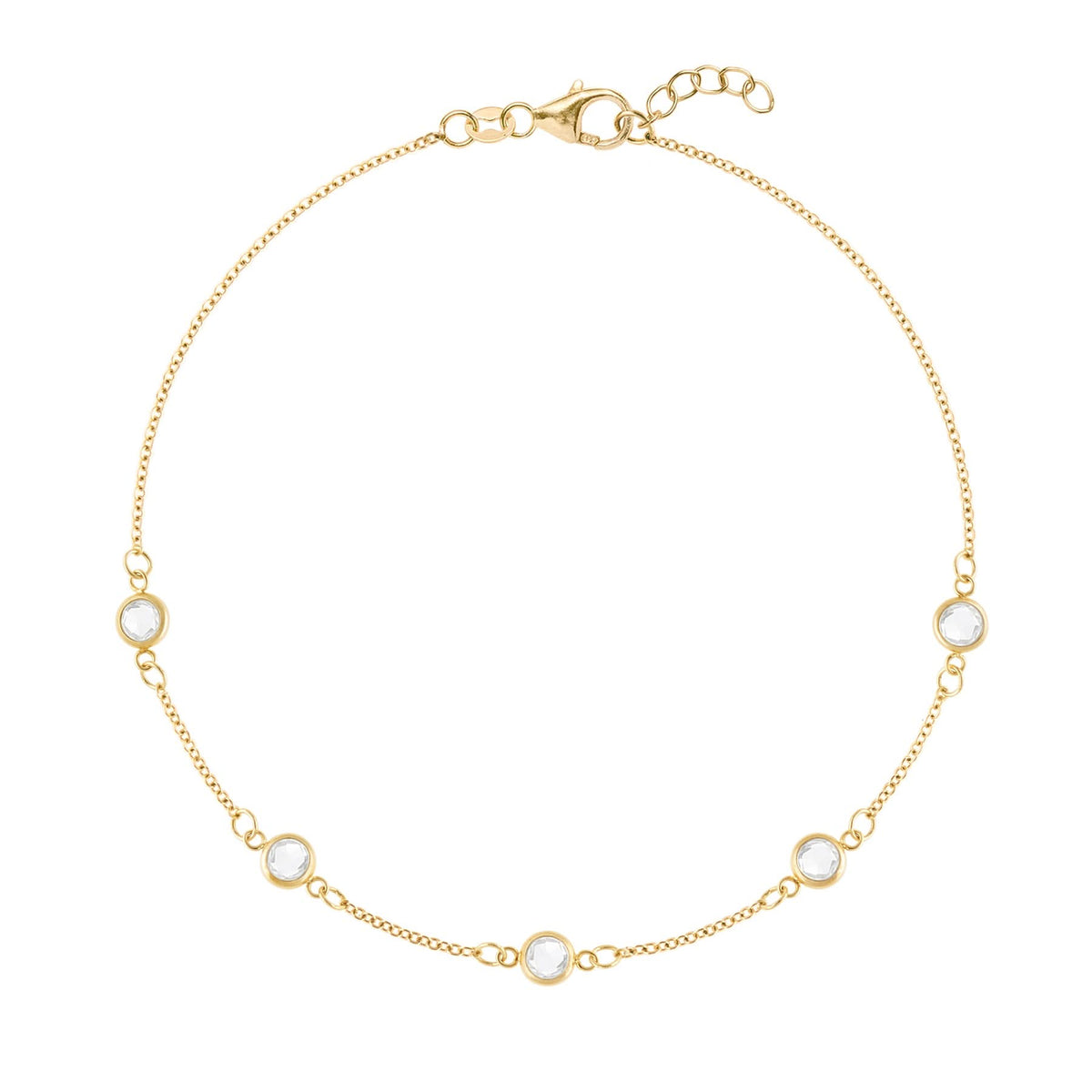 Personalized cable chain bracelet featuring five 4 mm briolette cut gemstones bezel set in 14k yellow gold - front view