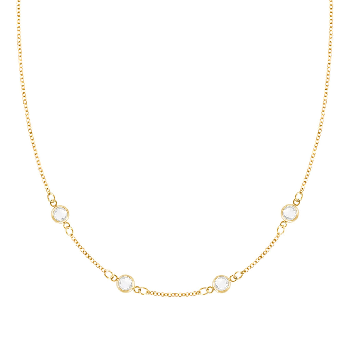 Personalized cable chain necklace featuring four 4 mm briolette cut gemstones bezel set in 14k yellow gold - front view