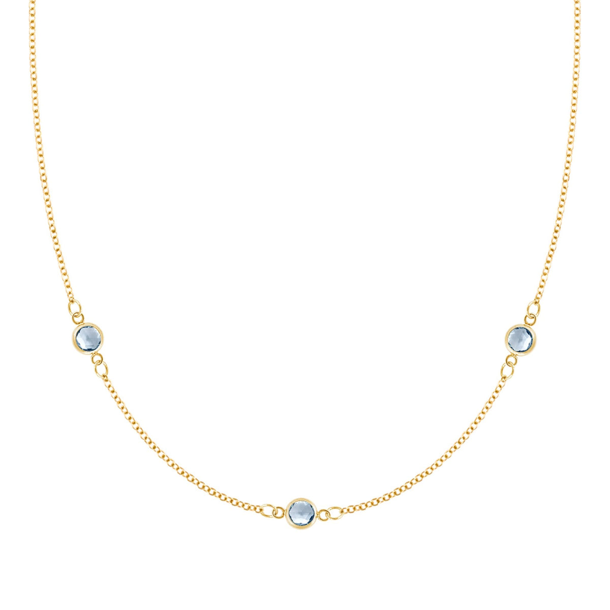 Bayberry 1.17 mm cable chain birthstone necklace featuring three 4 mm briolette aquamarines set in 14k gold - front view