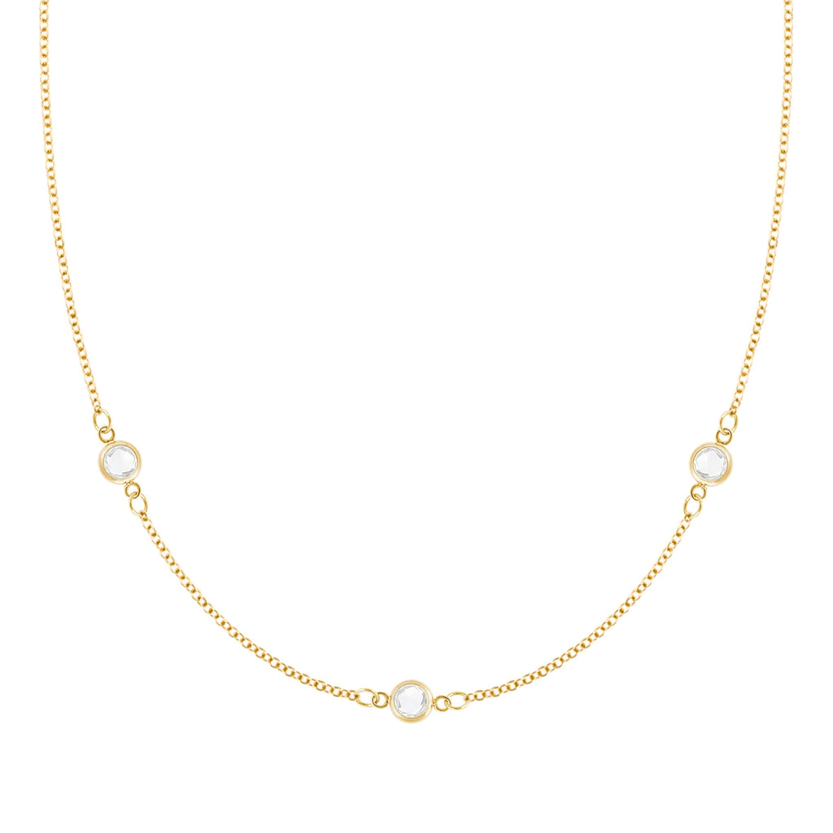 Personalized cable chain necklace featuring three 4 mm briolette cut gemstones bezel set in 14k yellow gold - front view