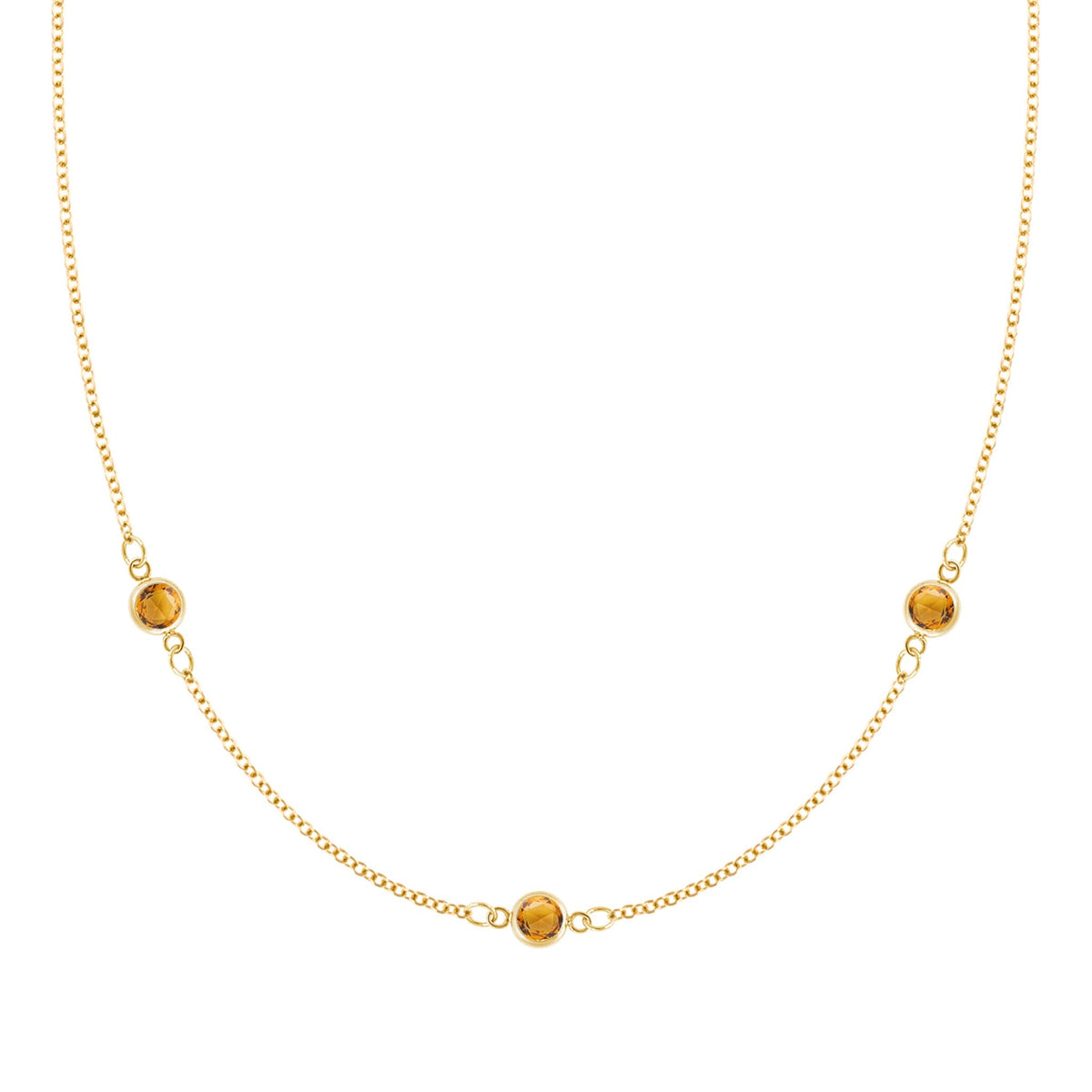 Bayberry 1.17 mm cable chain birthstone necklace featuring three 4 mm briolette citrines bezel set in 14k gold - front view