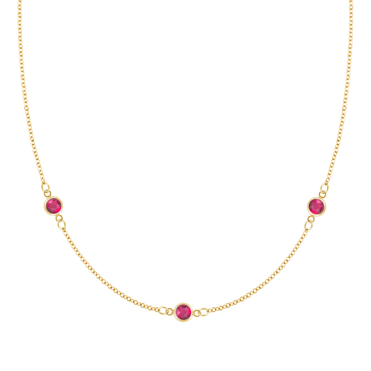 Bayberry 1.17 mm cable chain birthstone necklace featuring three 4 mm briolette rubies bezel set in 14k gold - front view