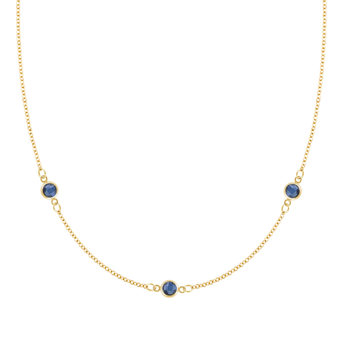 Bayberry 1.17 mm cable chain birthstone necklace featuring three 4 mm briolette sapphires bezel set in 14k gold - front view