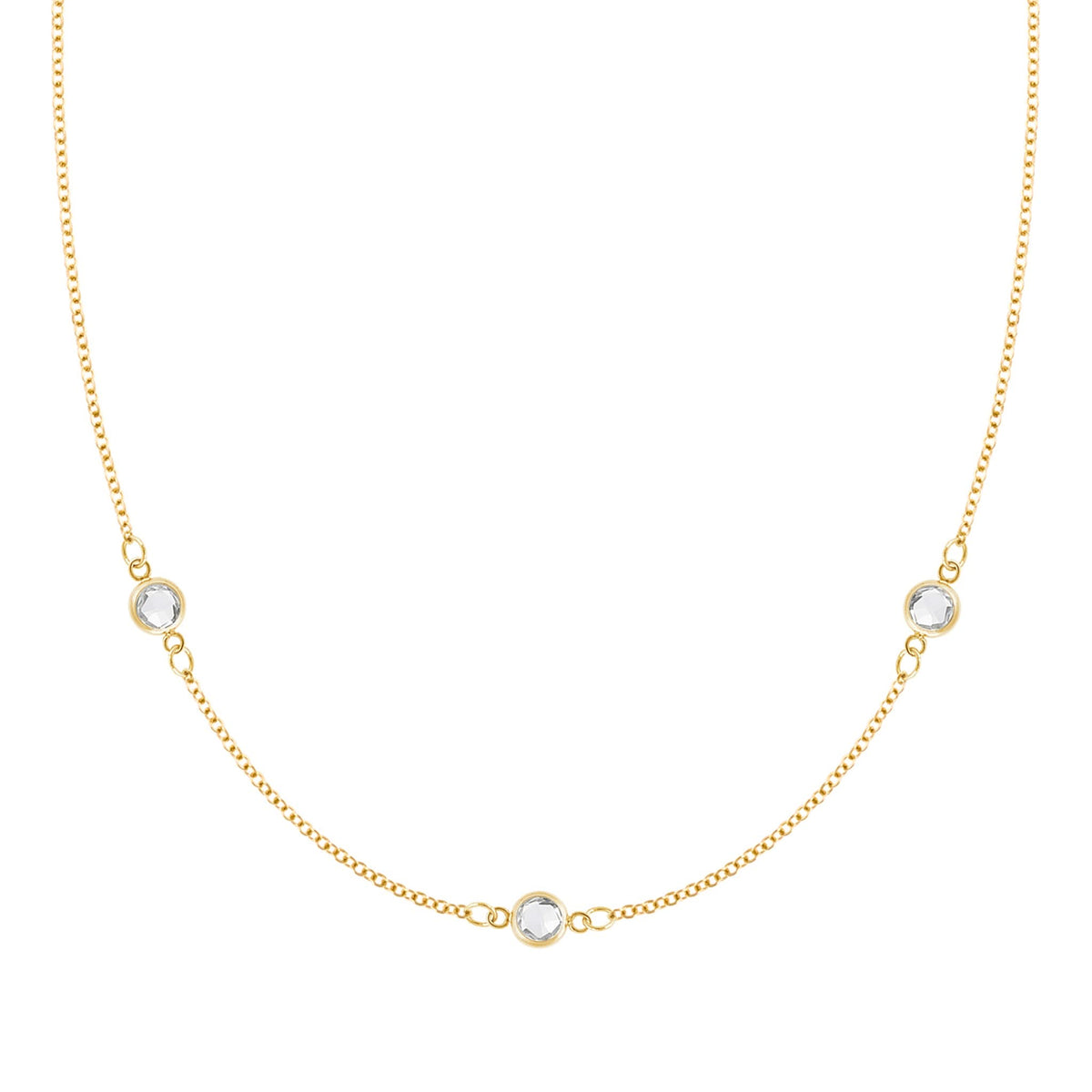 Bayberry cable chain birthstone necklace featuring three 4 mm briolette white topaz bezel set in 14k gold - front view