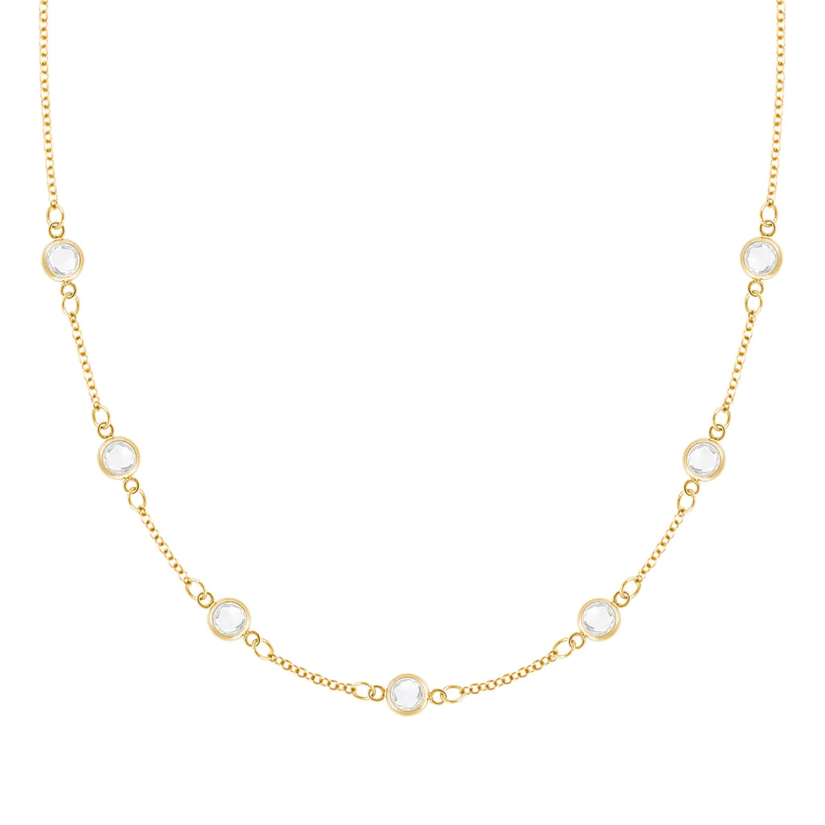 Personalized cable chain necklace featuring seven 4 mm briolette cut gemstones bezel set in 14k yellow gold - front view