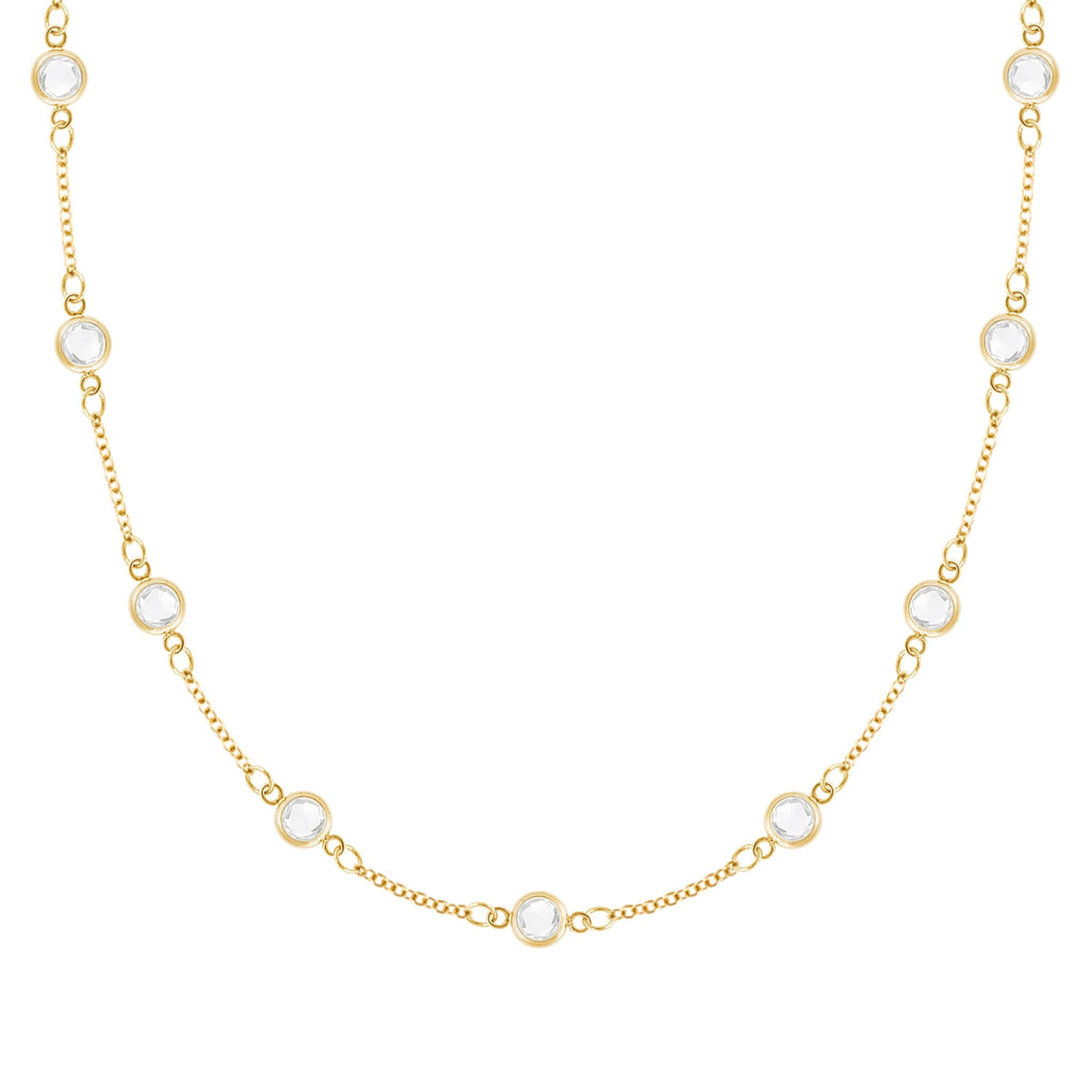 Personalized cable chain necklace featuring nine 4 mm briolette cut gemstones bezel set in 14k yellow gold - front view