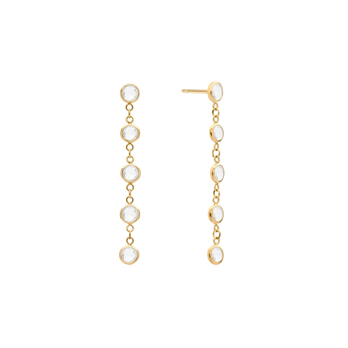 Pair of Classic earrings each featuring five 4 mm briolette cut white topaz bezel set in 14k yellow gold