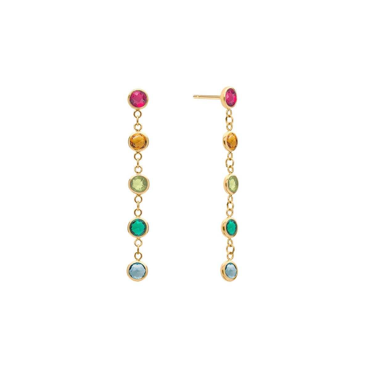 Pair of Newport earrings each featuring 5 alternating rainbow hued 4 mm gemstones set in 14k yellow gold