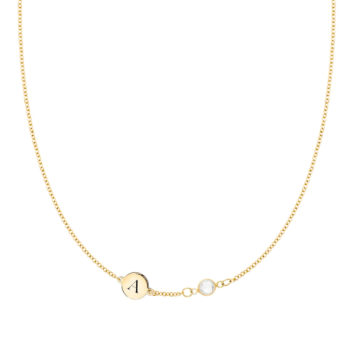 14k gold cable chain Classic necklace featuring one birthstone and one 1/4” flat disc engraved with the letter A - front view
