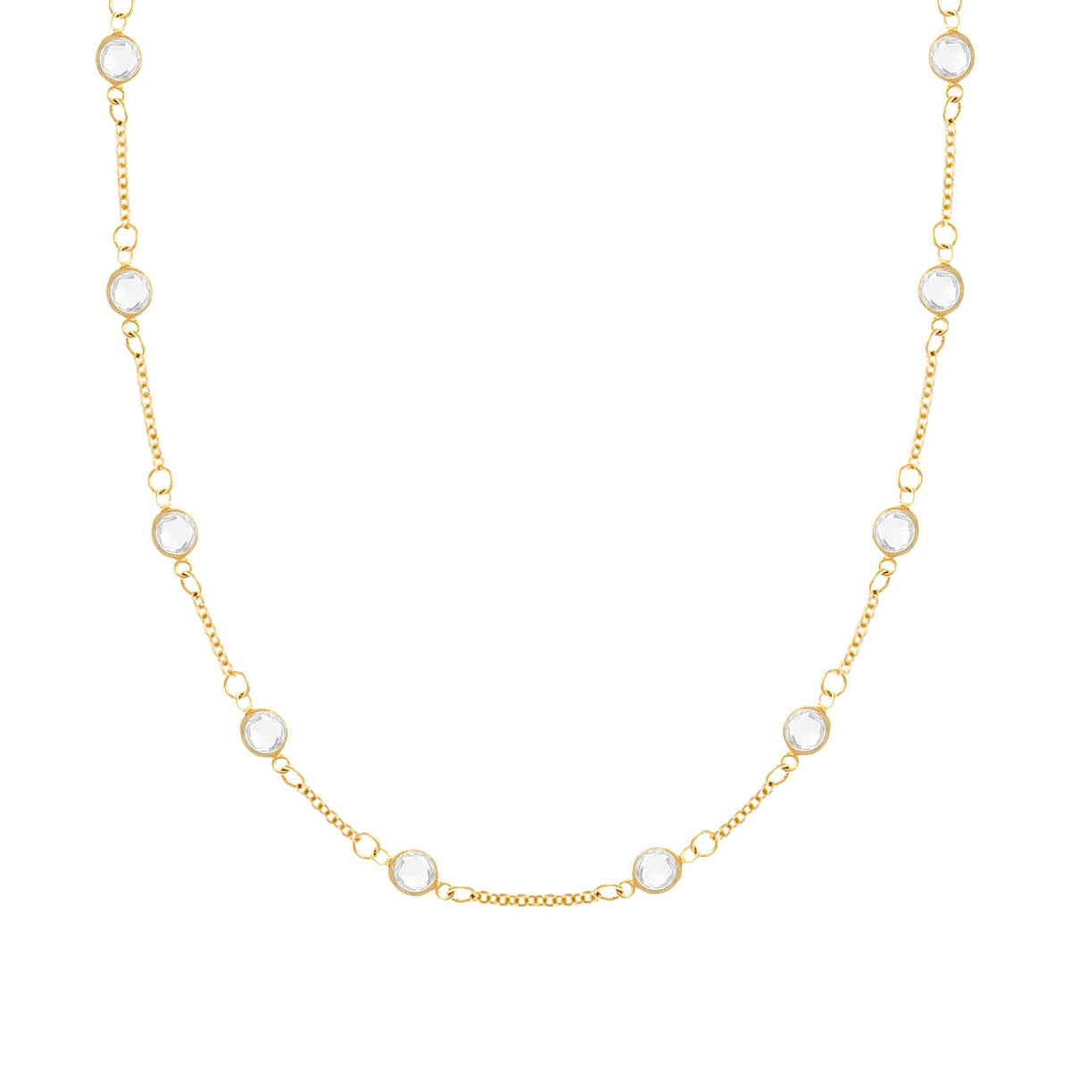 Classic Birthstone 1.17 mm cable chain necklace featuring ten 4 mm briolette cut white topaz in 14k yellow gold - front view