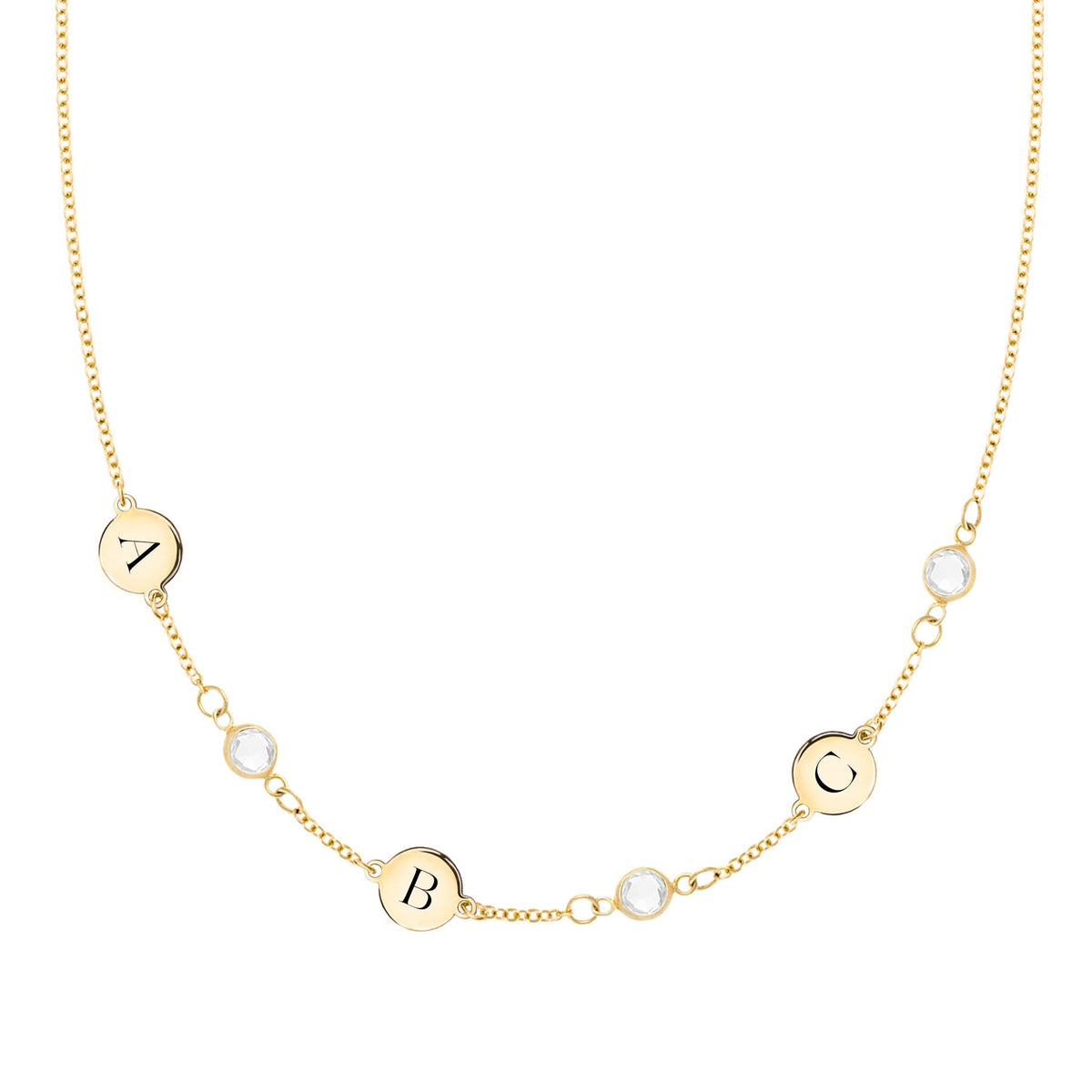 14k gold Classic necklace featuring 3 birthstones and three 1/4” flat letter-engraved discs - front view