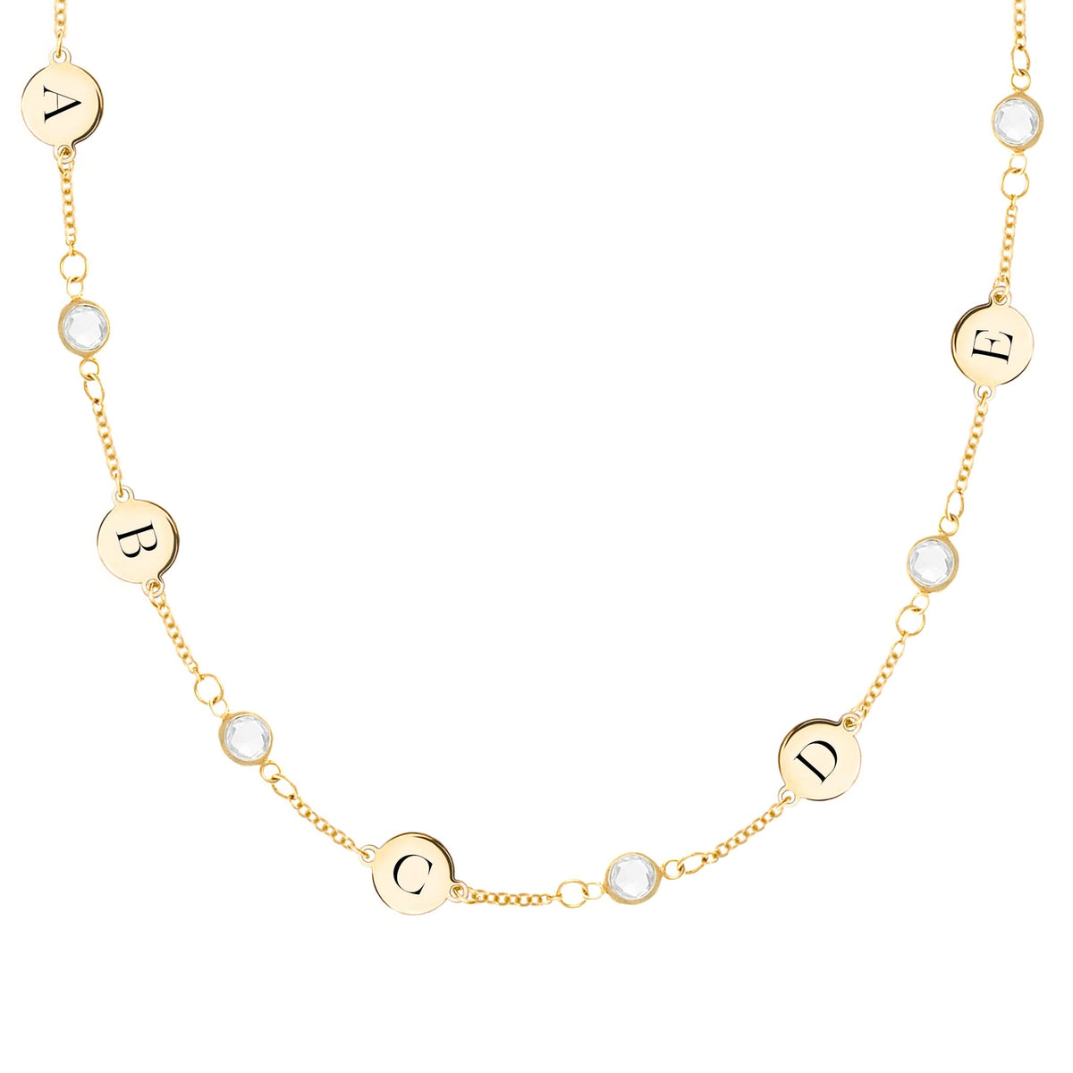 14k yellow gold Classic necklace featuring five round birthstones and five 1/4” flat letter-engraved discs - front view