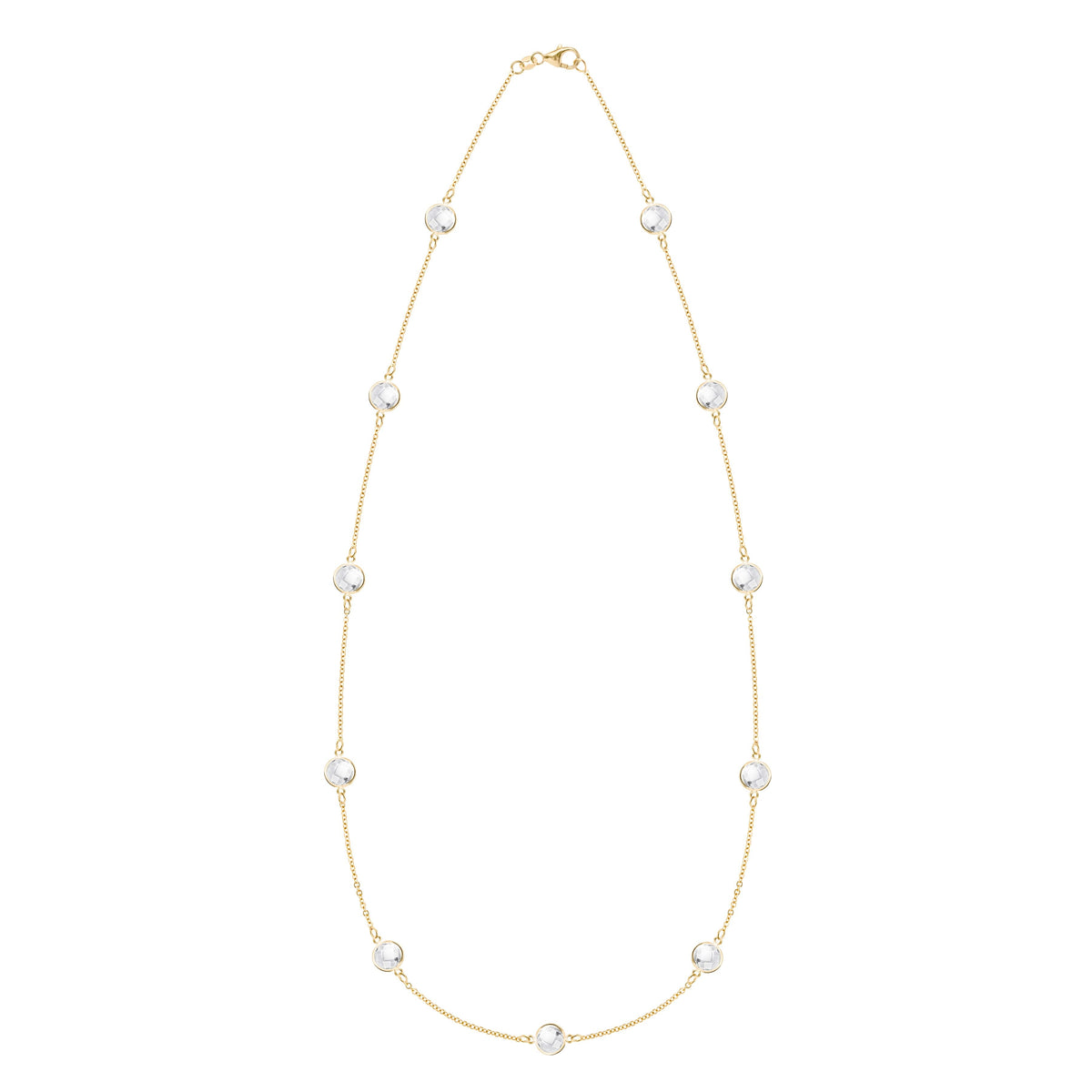 Bayberry Grand 11 Birthstone necklace featuring eleven 6 mm briolette cut gemstones bezel set in 14k gold - front view