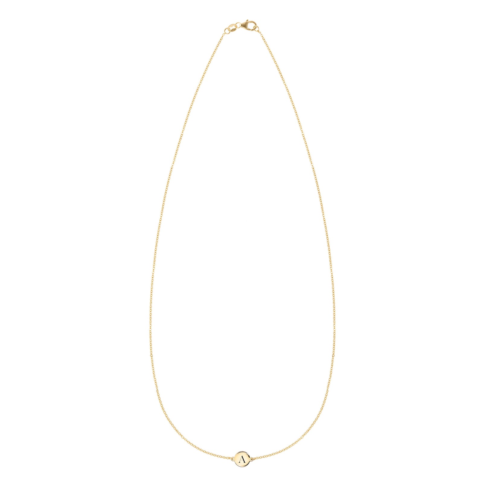 14k yellow gold cable chain necklace featuring one 1/4” flat disc engraved with the letter A