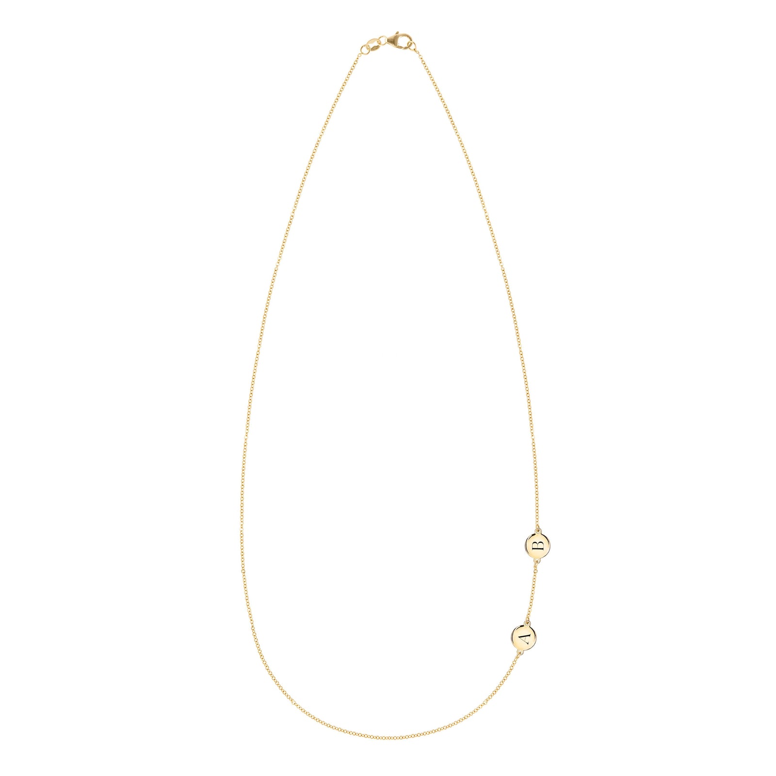 14k yellow gold cable chain necklace featuring two 1/4” flat discs engraved with the letters A and B