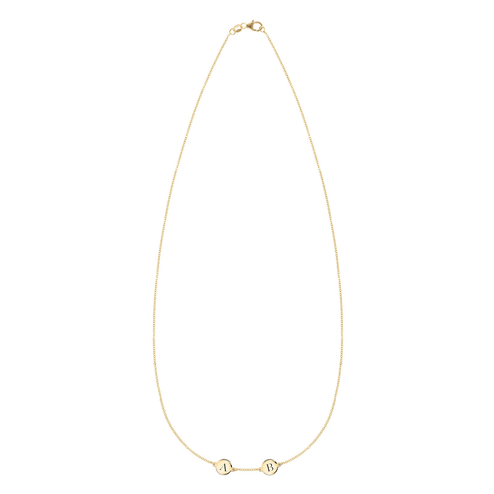 14k yellow gold cable chain necklace featuring two 1/4” flat discs engraved with the letters A and B
