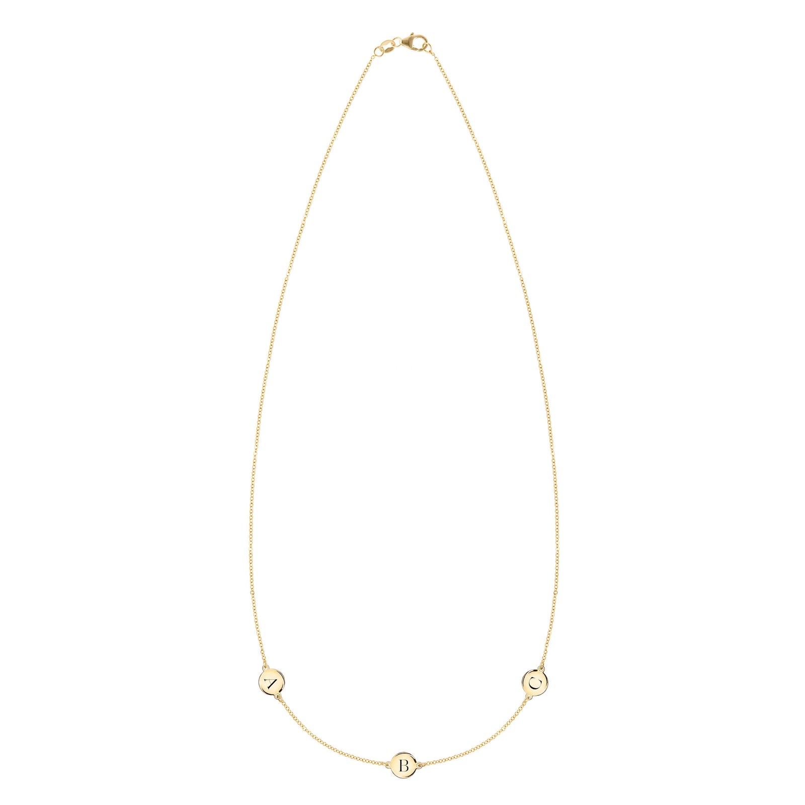 14k yellow gold cable chain necklace featuring three 1/4” flat discs engraved with the letters ABC
