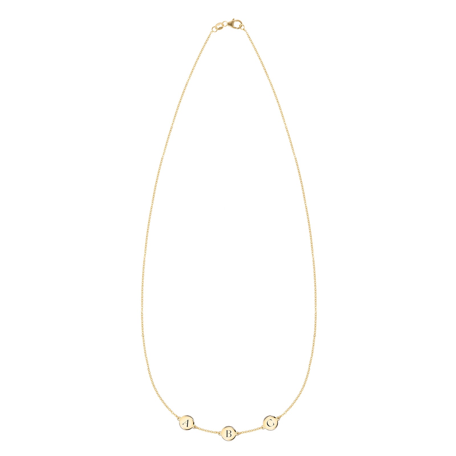 14k yellow gold cable chain necklace featuring three 1/4” flat discs engraved with the letters ABC