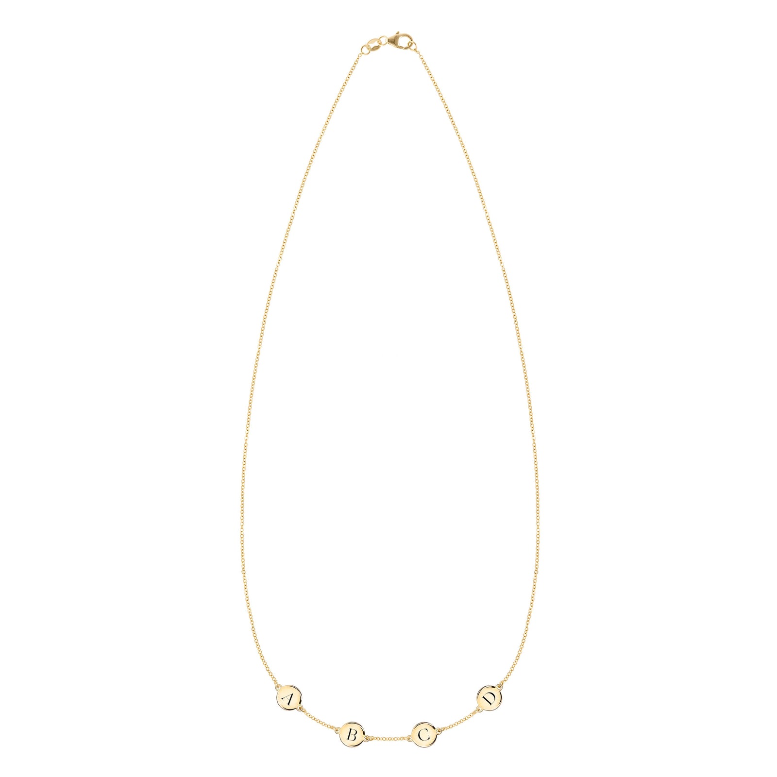 14k yellow gold cable chain necklace featuring four 1/4” flat discs engraved with the letters ABCD