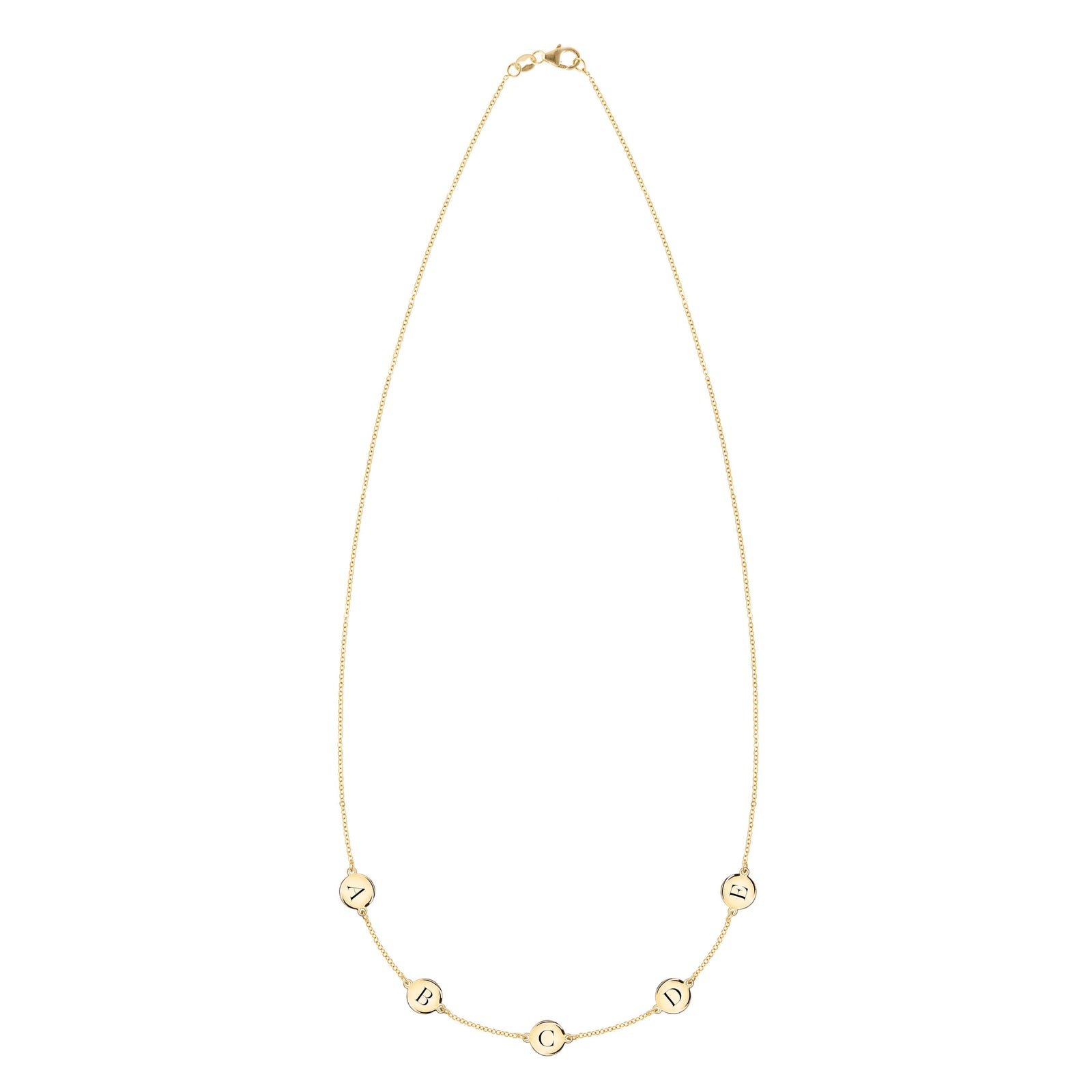 14k yellow gold cable chain necklace featuring five 1/4” flat discs engraved with the letters ABCDE