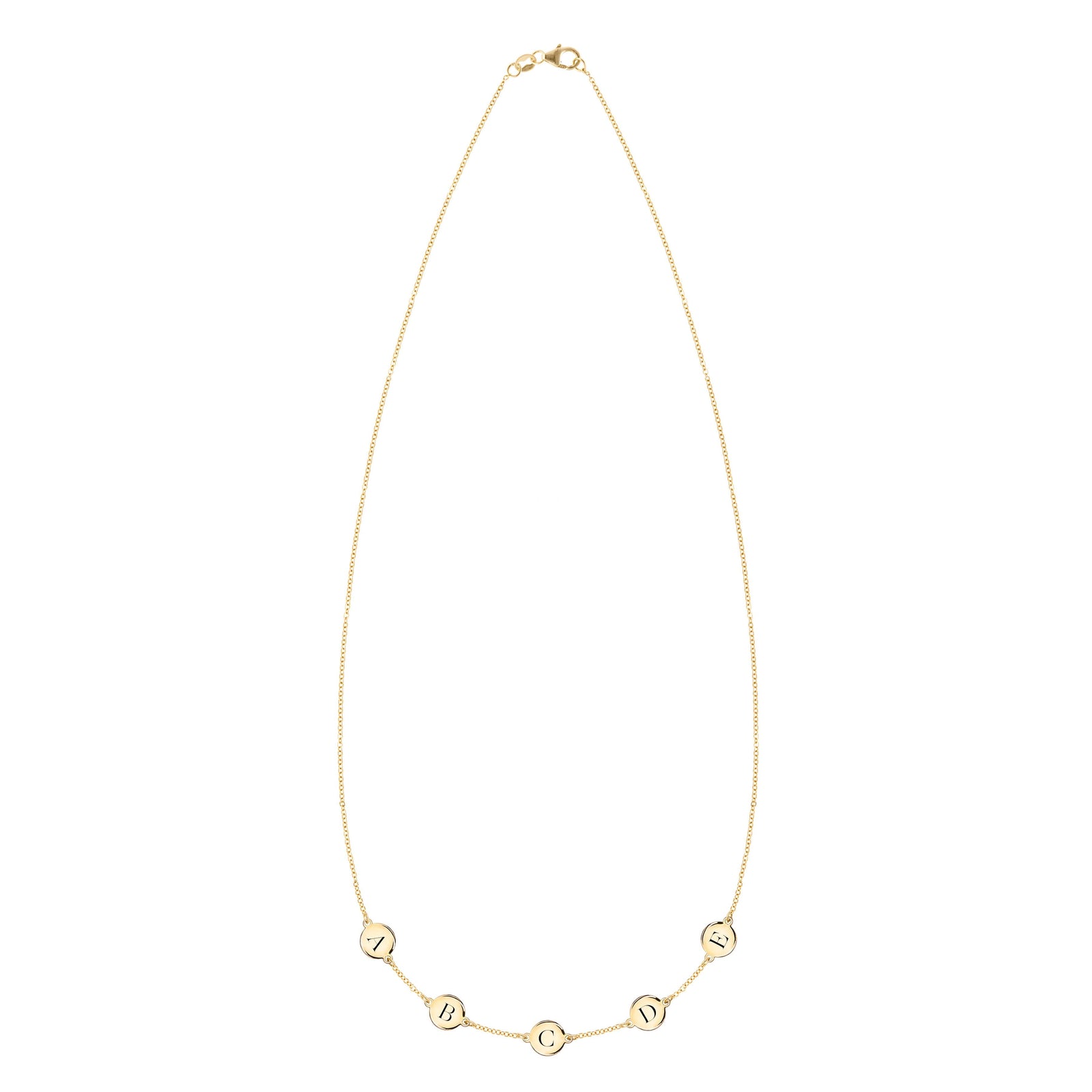 14k yellow gold cable chain necklace featuring five 1/4” flat discs engraved with the letters ABCDE