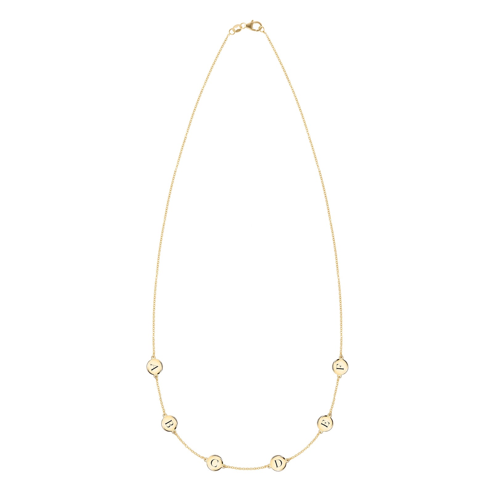 14k yellow gold cable chain necklace featuring six 1/4” flat discs engraved with letters, spelling ABCDEF