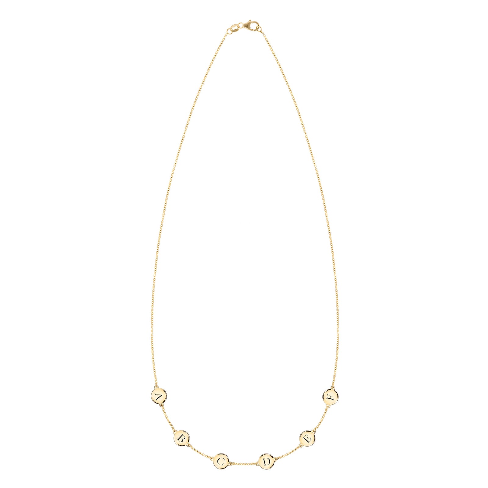 14k yellow gold cable chain necklace featuring six 1/4” flat discs engraved with letters, spelling ABCDEF
