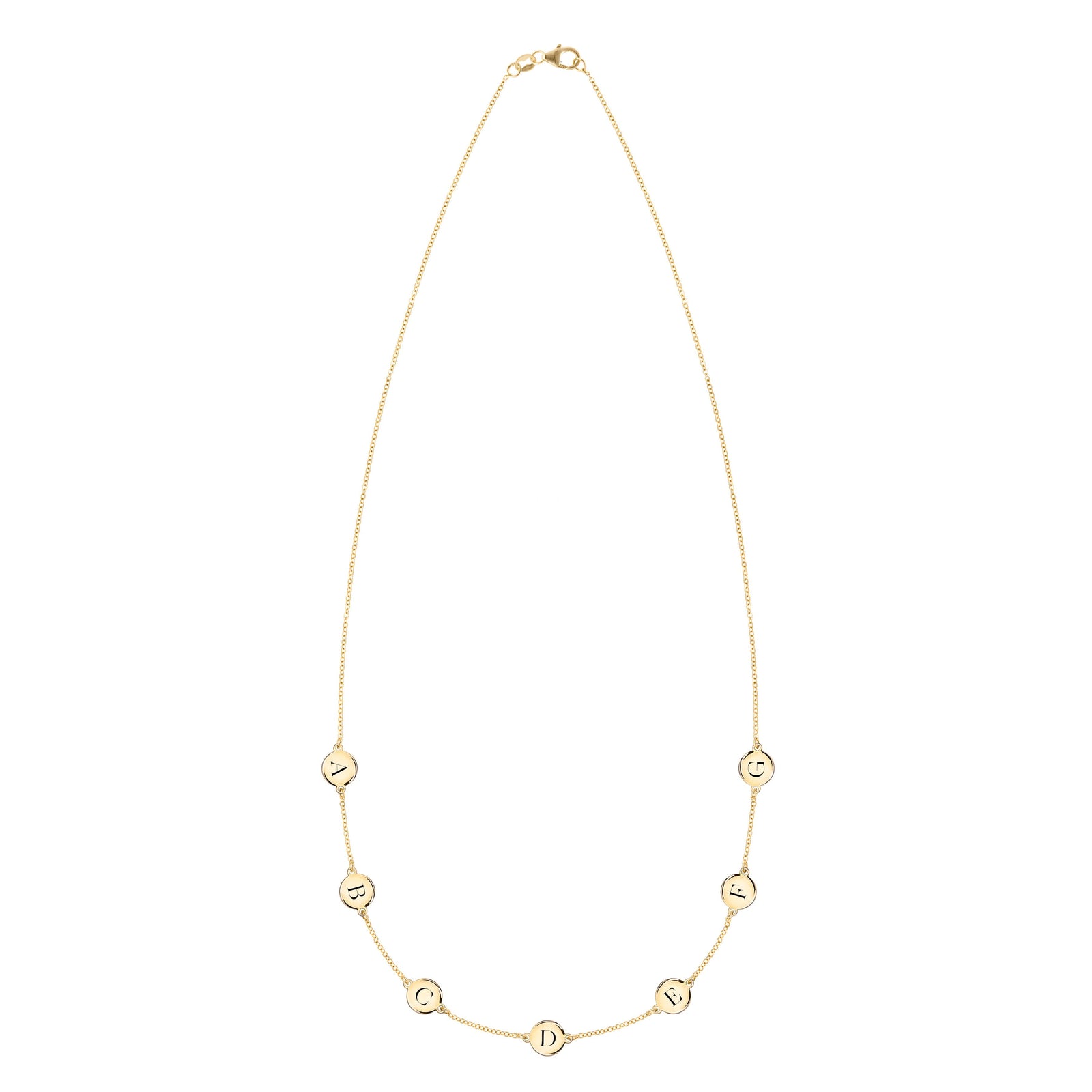 14k yellow gold cable chain necklace featuring seven 1/4” flat discs engraved with the letters ABCDEFG