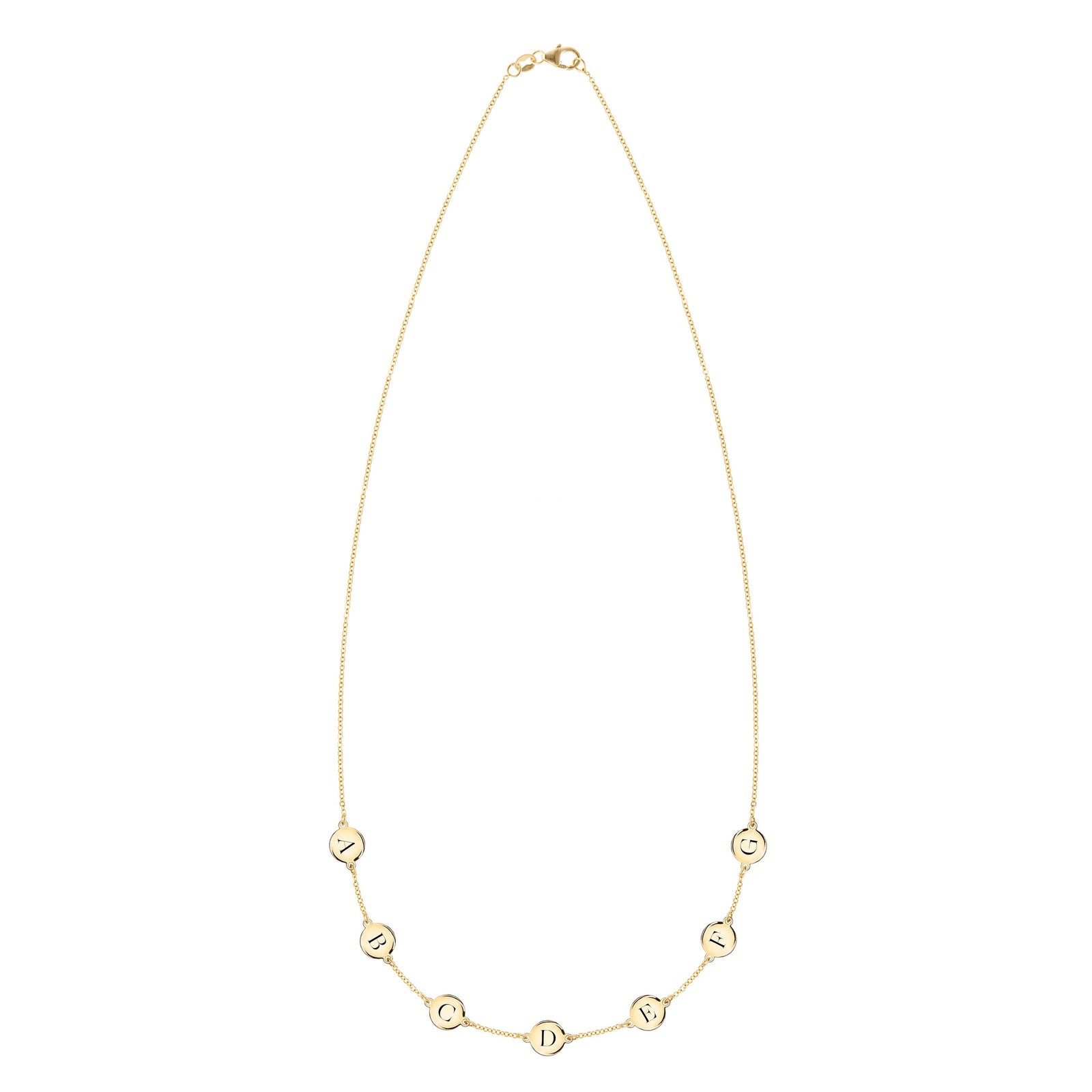 14k yellow gold cable chain necklace featuring seven 1/4” flat discs engraved with the letters ABCDEFG