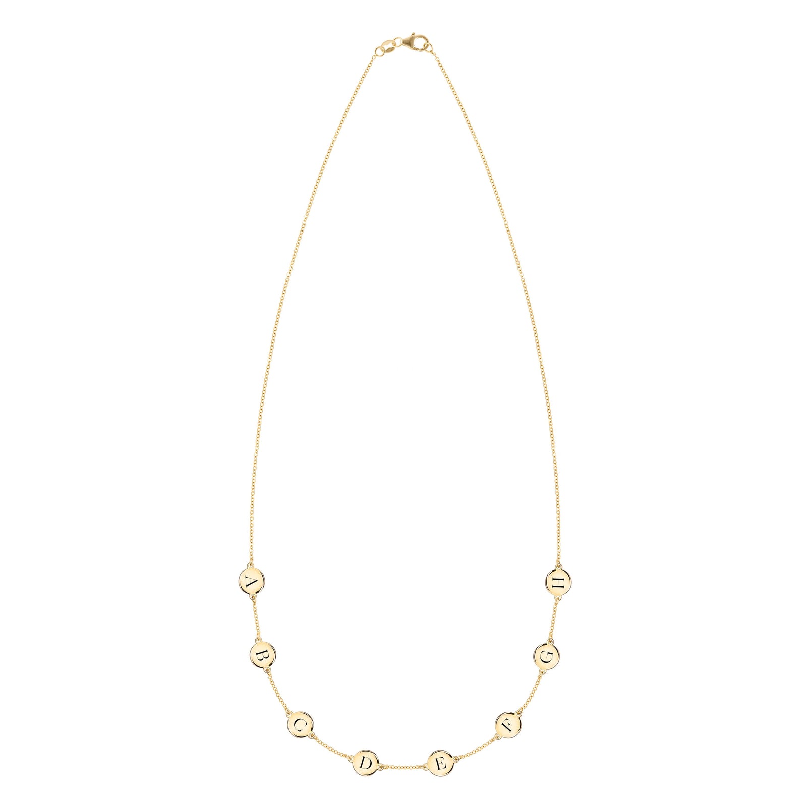 14k yellow gold cable chain necklace featuring eight 1/4” flat discs engraved with the letters ABCDEFGH
