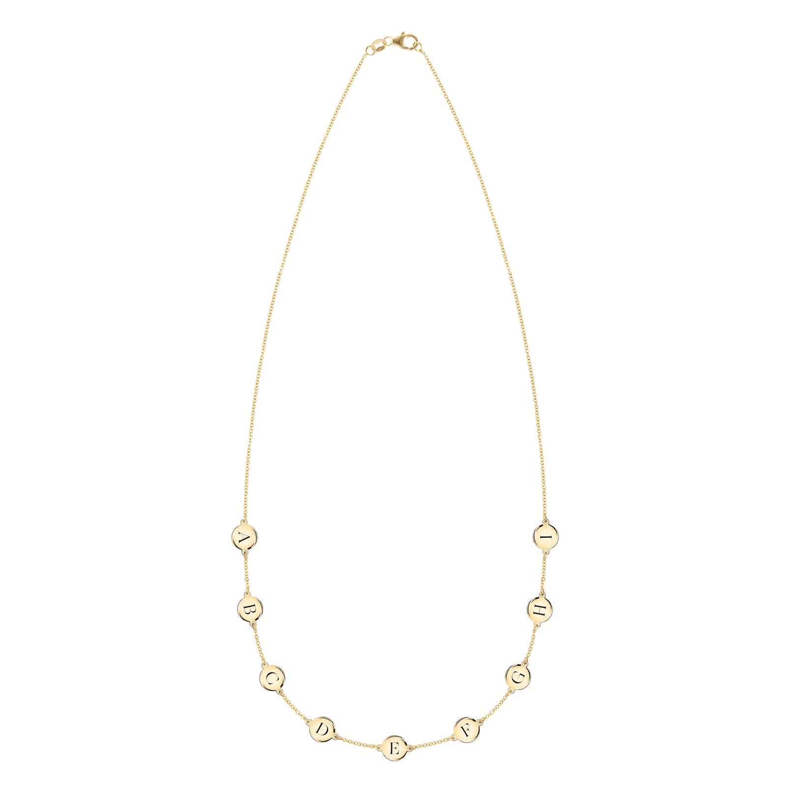 14k yellow gold cable chain necklace featuring nine 1/4” flat discs engraved with the letters ABCDEFGHI