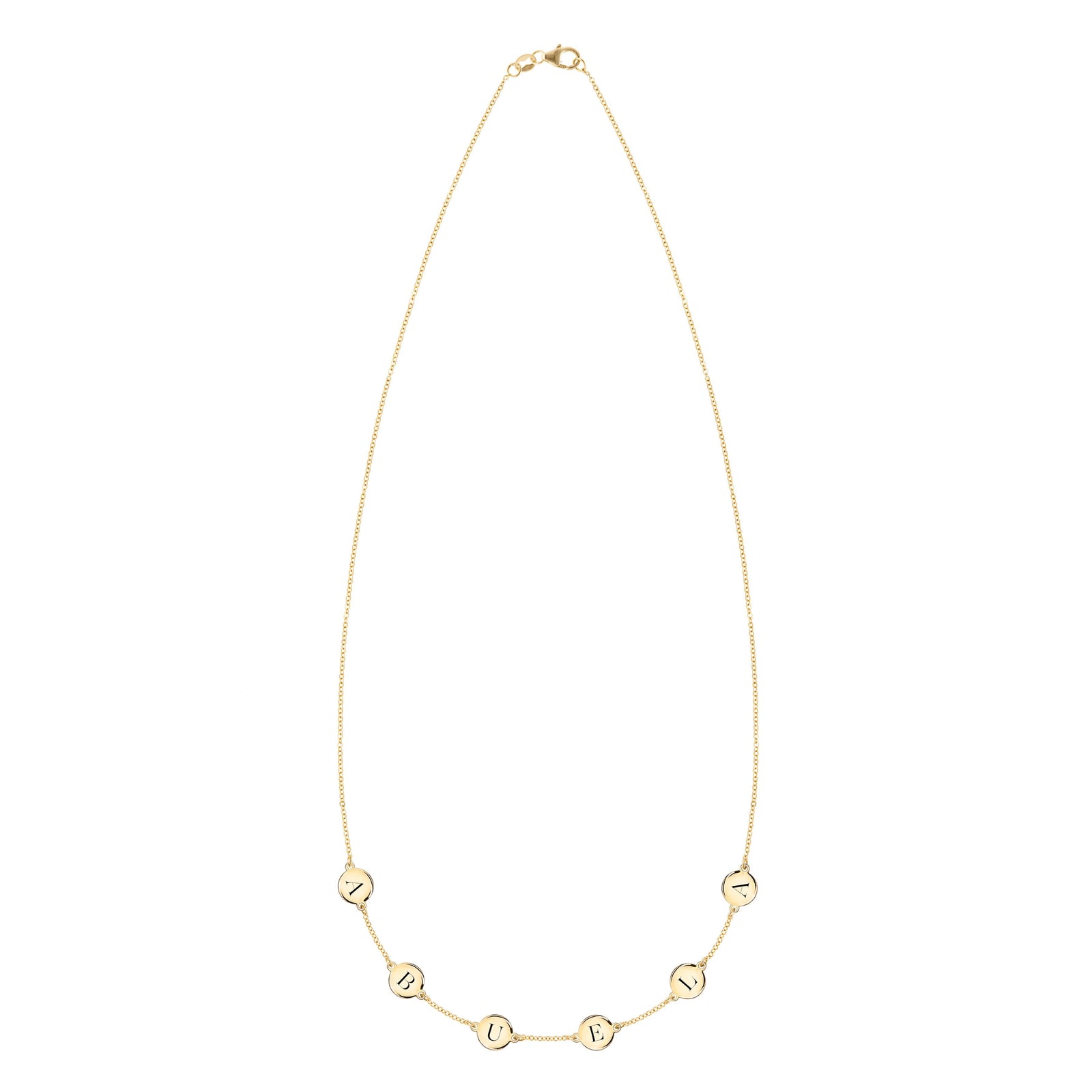 14k yellow gold cable chain necklace featuring six 1/4” flat engraved letter discs, spelling Abuela